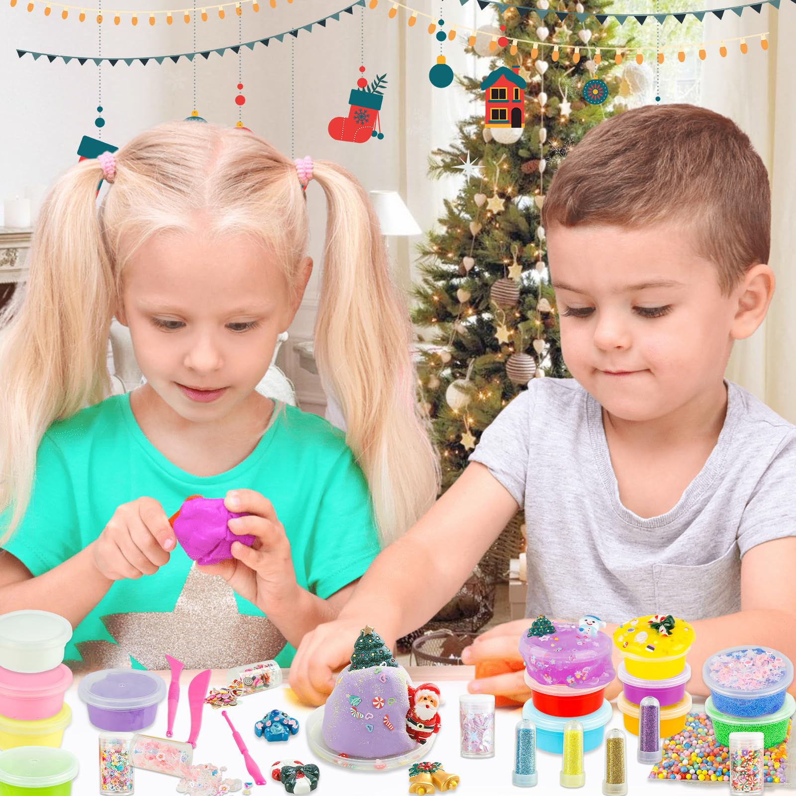 Calendrier De Lavent Slime Calendrier De L'Avent Filles Slime 12 Packs De Slimes Sur Le Thème De Noël Et 12 Pièces De Décoration De Slime Calendrier De L'Avent 24 Jours Cadeaux Pour
