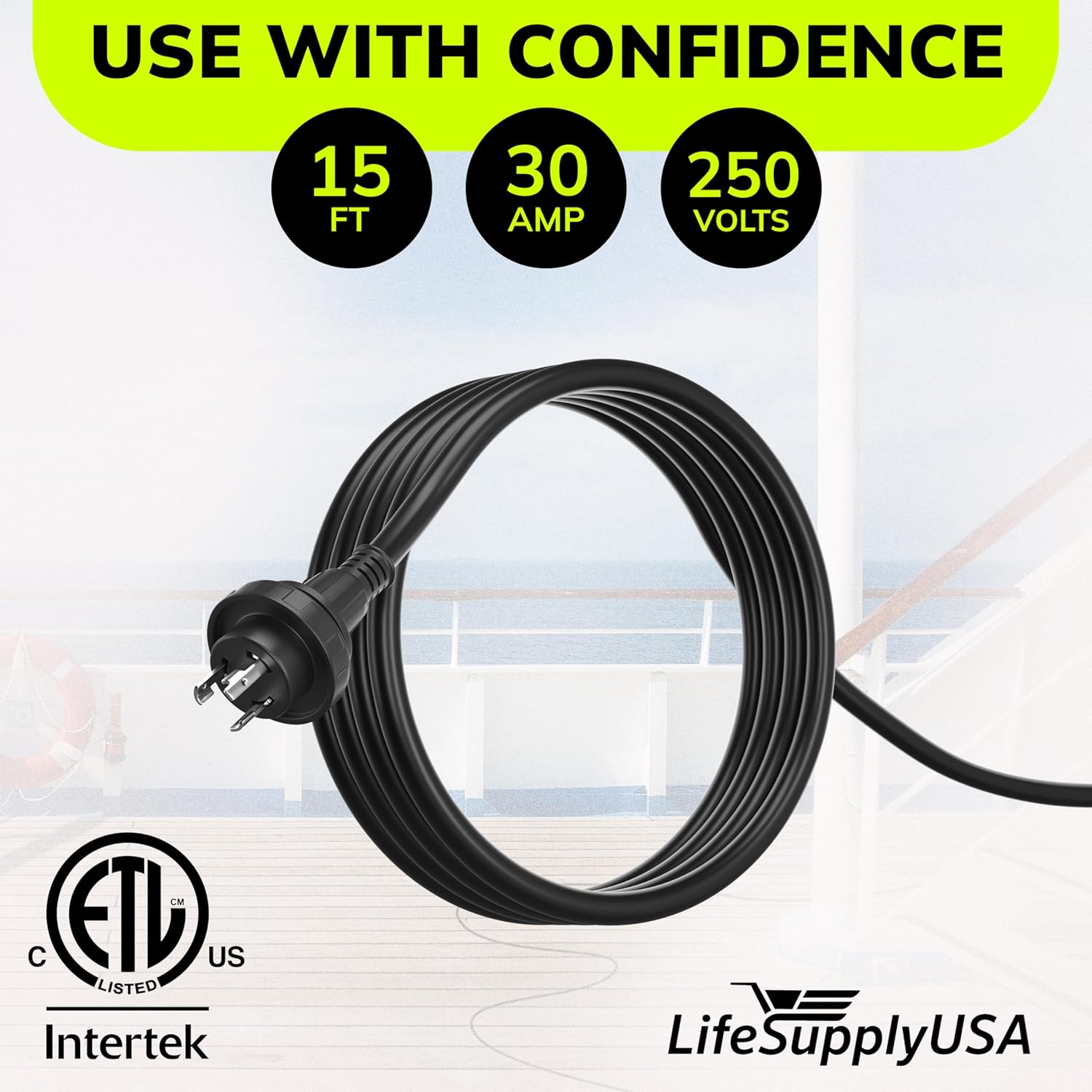 15FT Marine Shore Power Cord 30 Amp, NEMA L5-30P to L5-30R Twist Lock, 125V 10AWG SJTW Extension Cable with Lighted Connector, ETL Listed for Boat RV Dock by LifeSupplyUSA