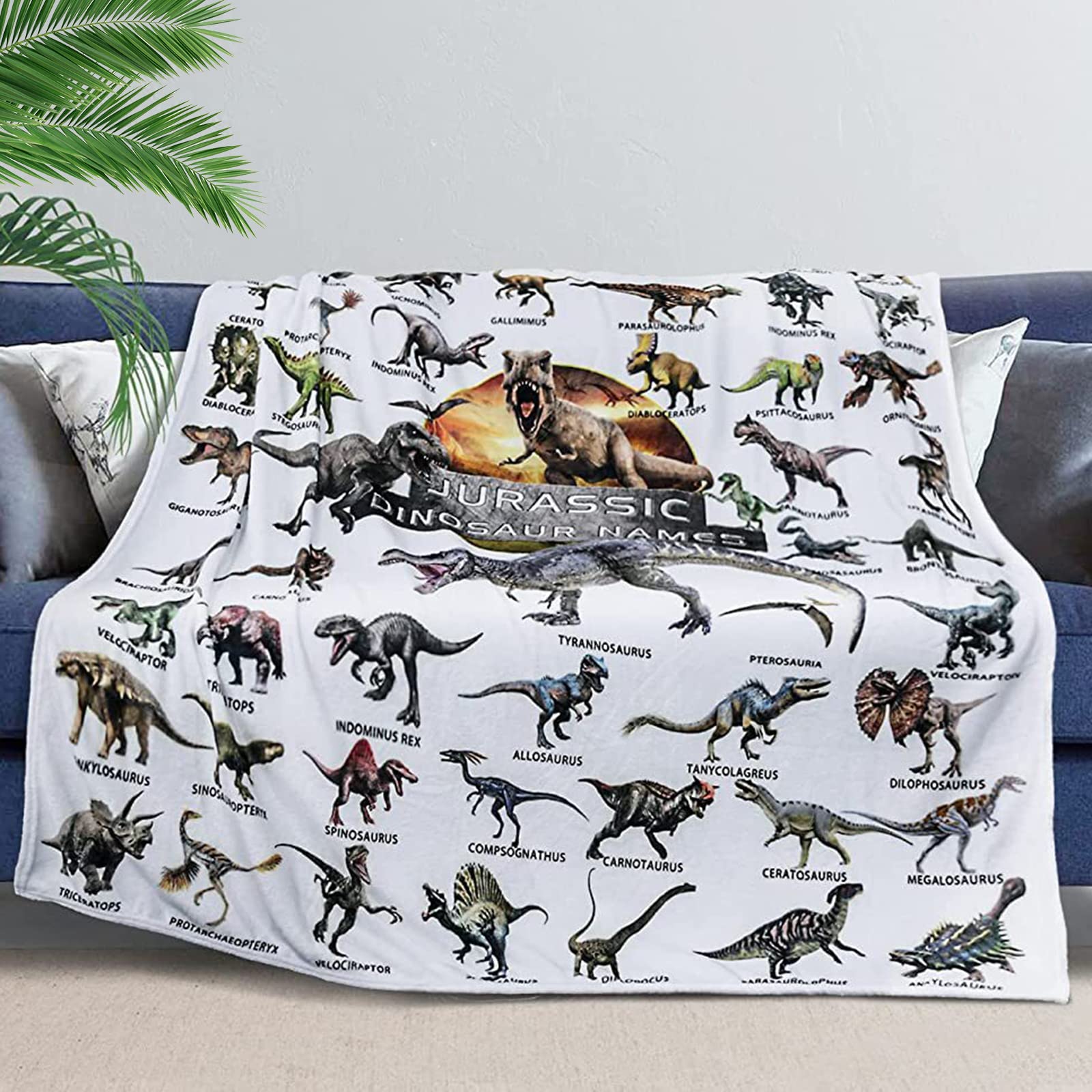 Couverture pour enfants lavable EMUKOEP à motif dinosaure bleu plaid peluche doux sieste lit