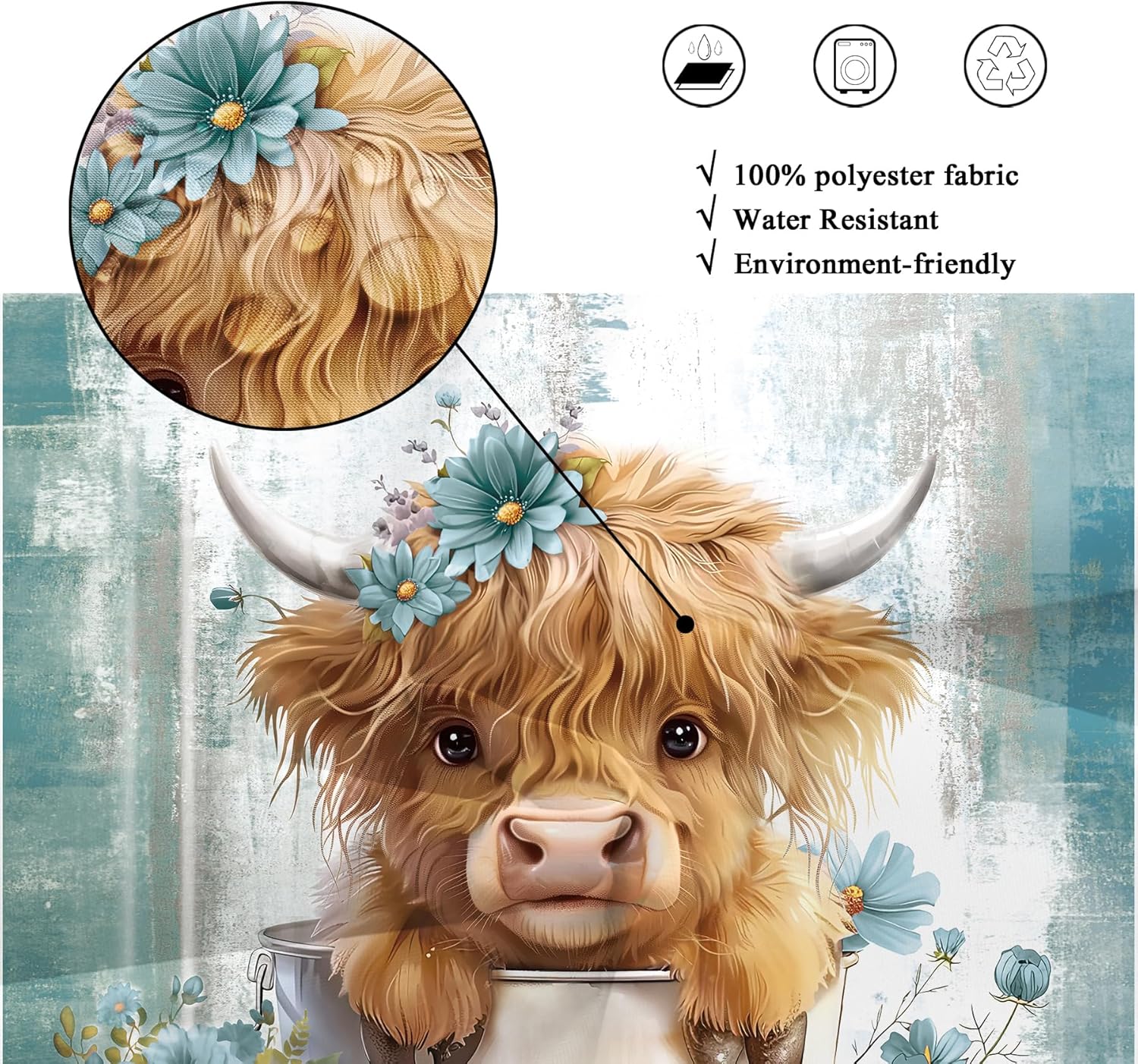 Riyidecor Funny Highland Cow Shower Curtain for Bathroom Decor 72Wx72H Teal Western Rustic Cute Farmhouse Bull Floral Country Flower Plant Art Printed Fabric Polyester Waterproof 12 Pack Plastic Hooks
