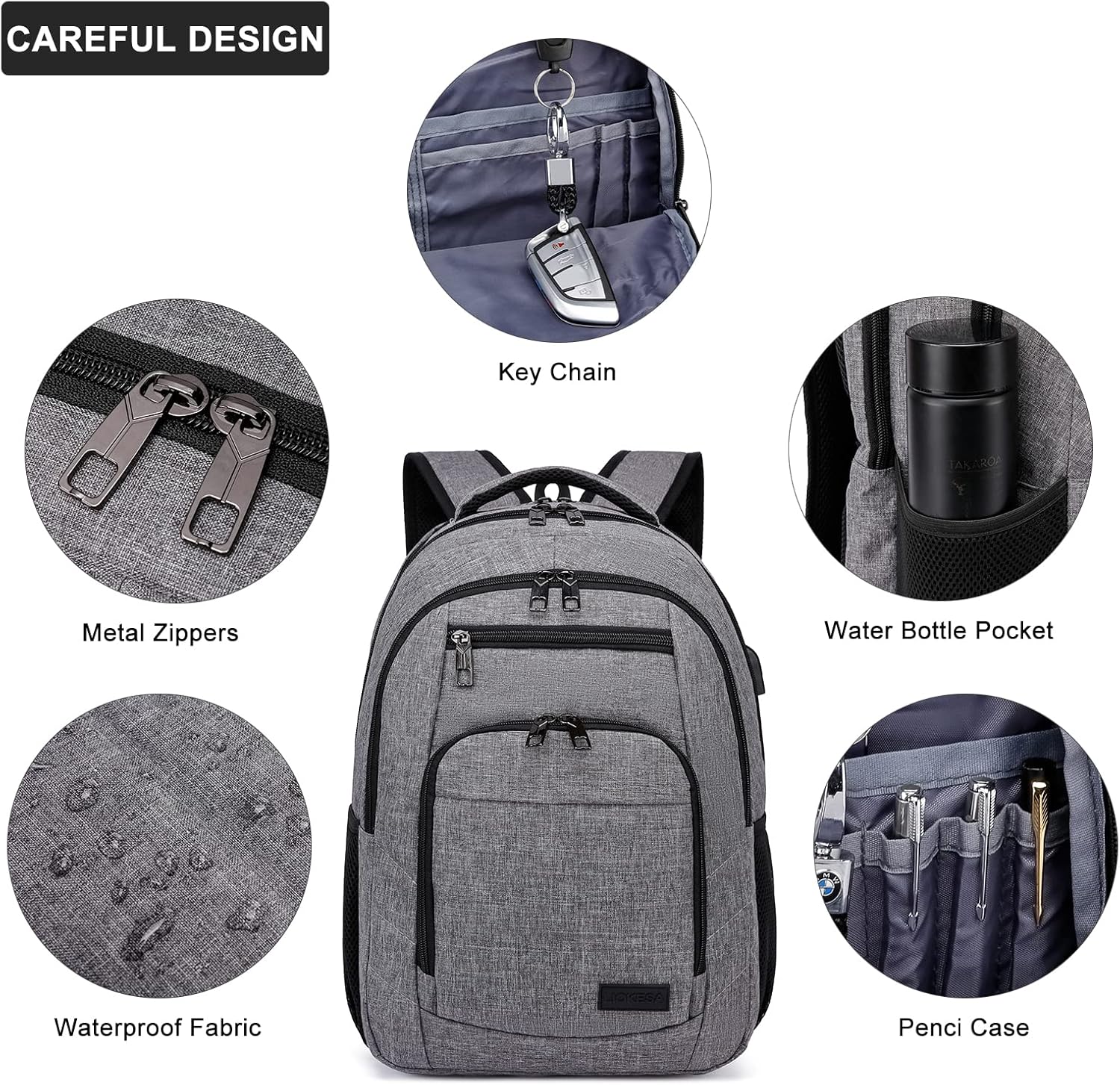 School Backpack, Large Backpack for Teen Boys, Business Slim Laptop Backpack with USB Charging Port, 15.6 Inch Water Resistant High School Bookbag, College Computer Bag for Men Women, Grey - Image 5