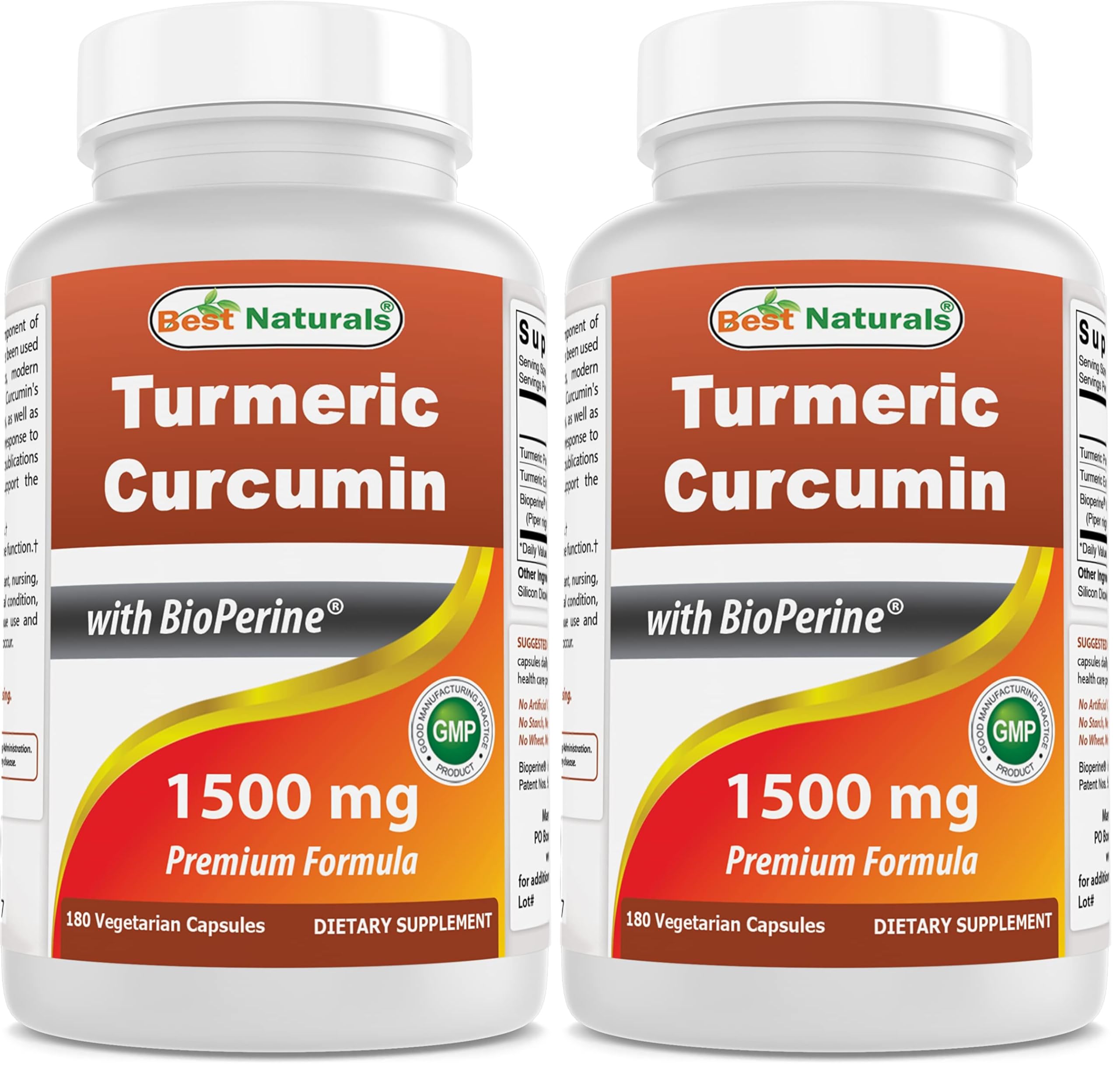Best Naturals Turmeric Curcumin 1500mg/Serving with Bioperine - 180 Veggie Capsules (Pack of 2) 180 Count (Pack of 2)