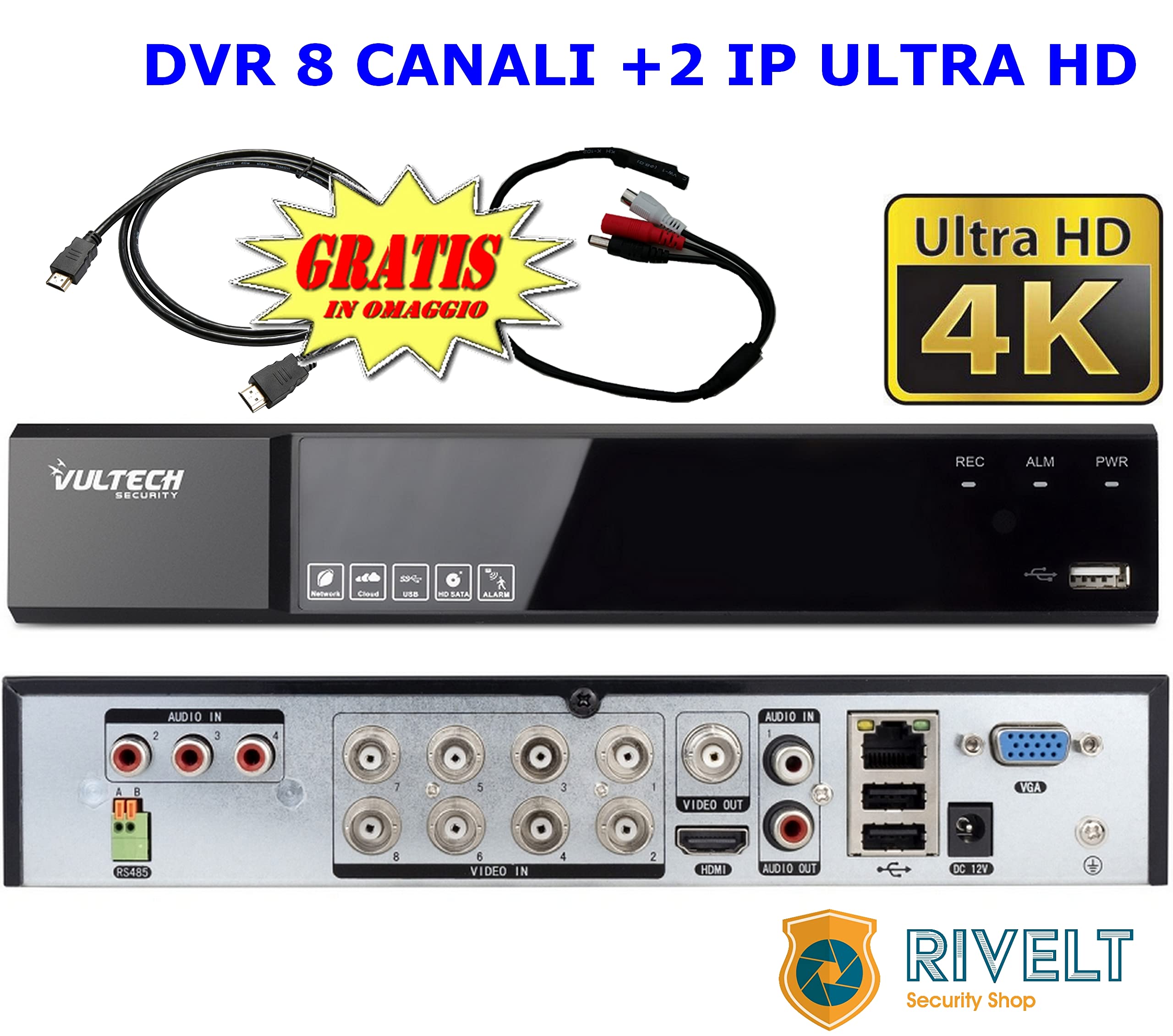 DVR XVR 8 CANALI IBRIDO 5 MP ULTRA HD P2P ITALIANO 5 IN 1 COMPATIBILE CON TUTTE LE TELECAMERE + 2 IP FISSI TOP DI GAMMA