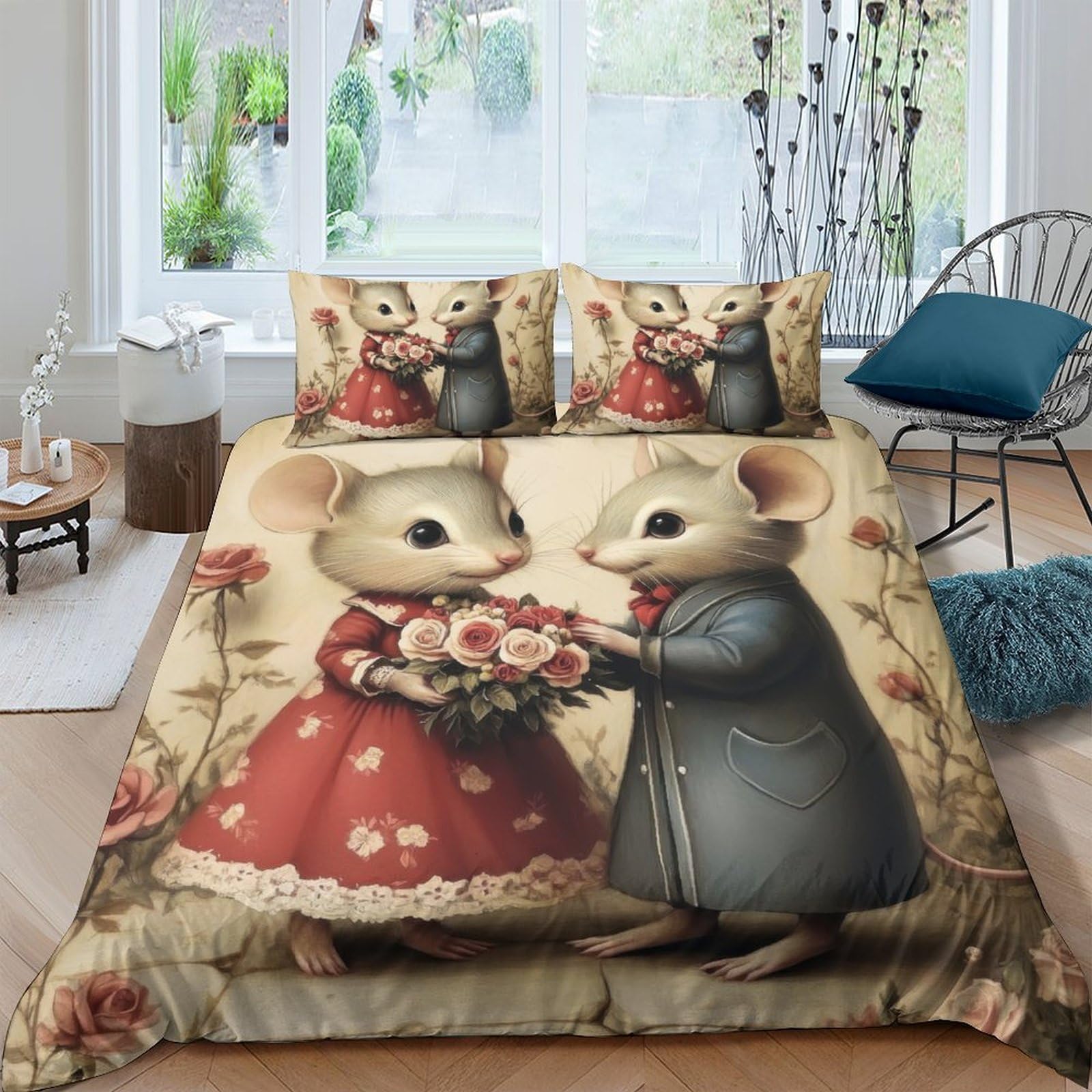 Ctjqhvkz Style-1 3D Printed Cute Mouse Couple Fitted Sheet Microfiber Soft Cartoon Floral Bed Cover For Bedroom Guest Room Mattress Decor Single（135X200cm）