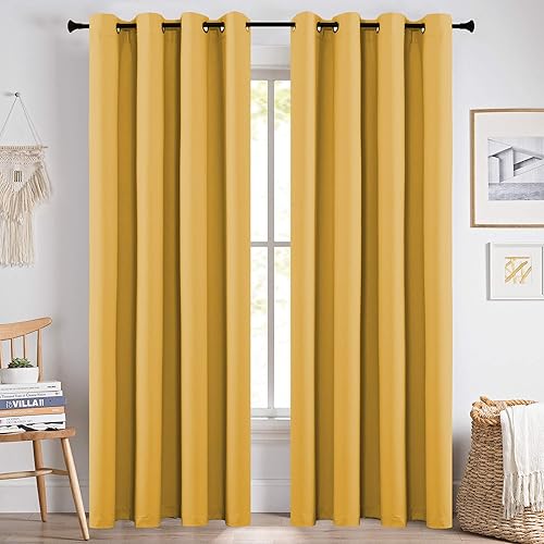 KEQIAOSUOCAI Living Room Curtains 84 Inch Yellow Window Treatment Thermal Insulated Grommet Top Curtain Drapes 2 Panels 52x84 Inch Ochre