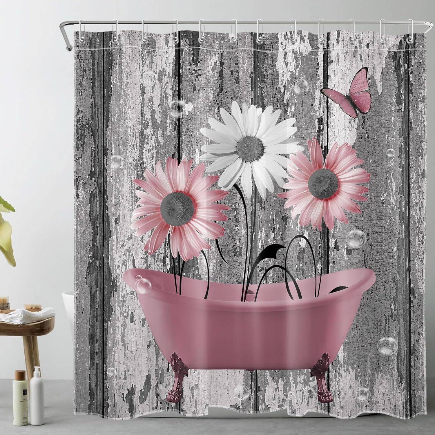 HVEST Pink and Gray Floral Shower Curtain with Hooks Daisy Flower in Bathtub and Butterfly on Rustic Wood Shower Curtain for Bathroom 78L X 72W inch Polyester Fabric Bathroom Decoration Bath Curtain