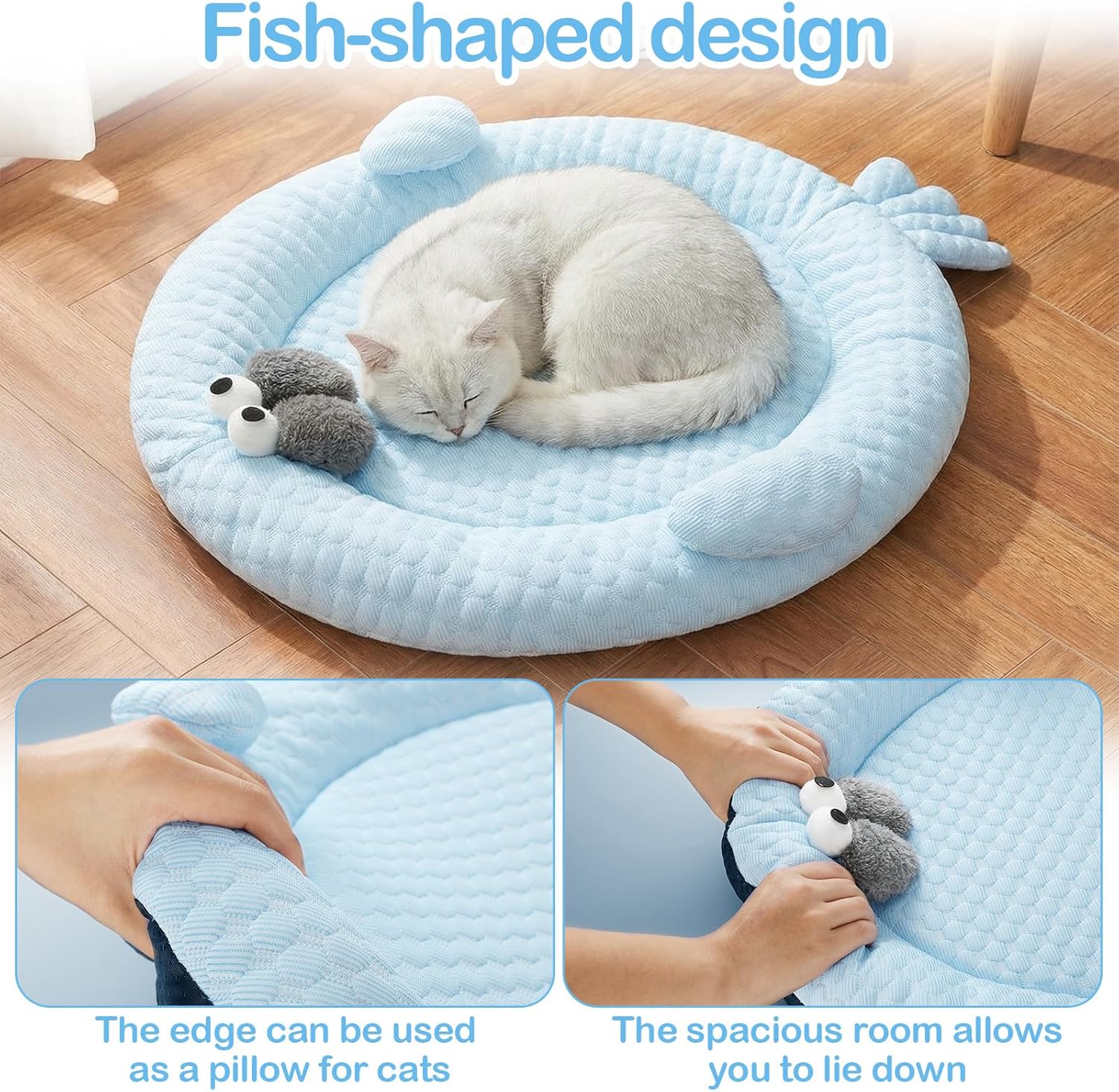 Hillban Cat Cooling Mat Fish Shaped Pet Cooling Mat for Cats or Small Dogs 24.8'' x 20.47'' Cat Cool Bed Soft and Comfortable Cool Pad Washable Non-Slip Bottom Use in Floor Bed Sofa Chair Kennel