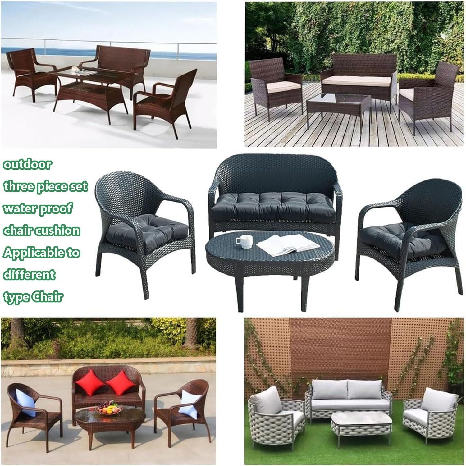 Juego de 3 Cojin de Sillas de Mimbre Exterior, Impermeables Jardín Cojines para Sillas 110x48cm/48x48cm Gruesos Columpio Respaldo Cojines para Patio, Sofá, Silla de Ratán(A)