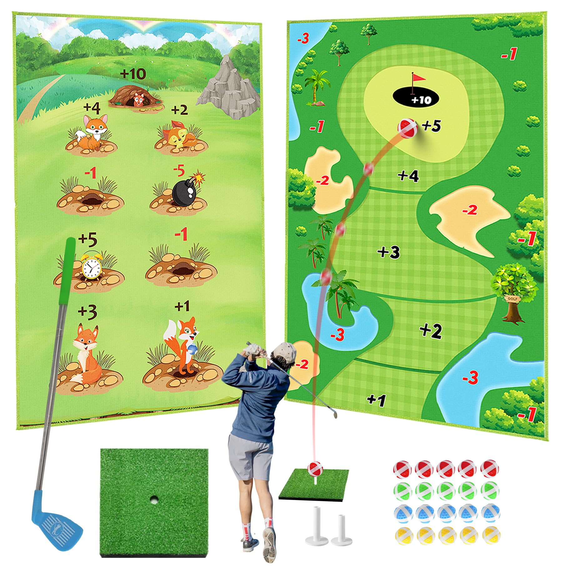 Golf Chipping Game with Golf Club, Double Sided Golf Training Mat with 20 Sticky Balls, Chipping Golf Practice Mat Indoor Outdoor Adult Family Kids Games - Mini Golf Games for Home and Office