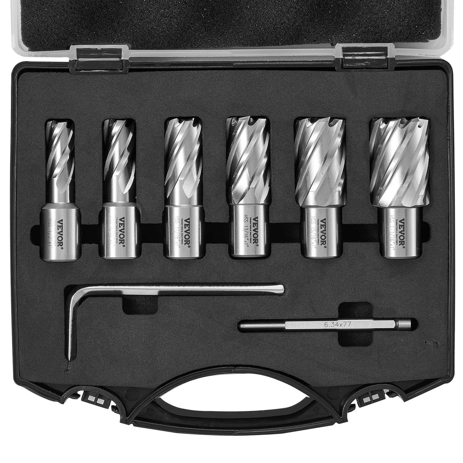 VEVOR Assortiment de Fraises à Carotter 6PCs Fraise Annulaire Attaches Weldon Diamètre 13-27 mm Profondeur de Perçage 25 mm en Acier Rapide HSS Accessoires pour Perceuse Magnétique Perçage Métaux