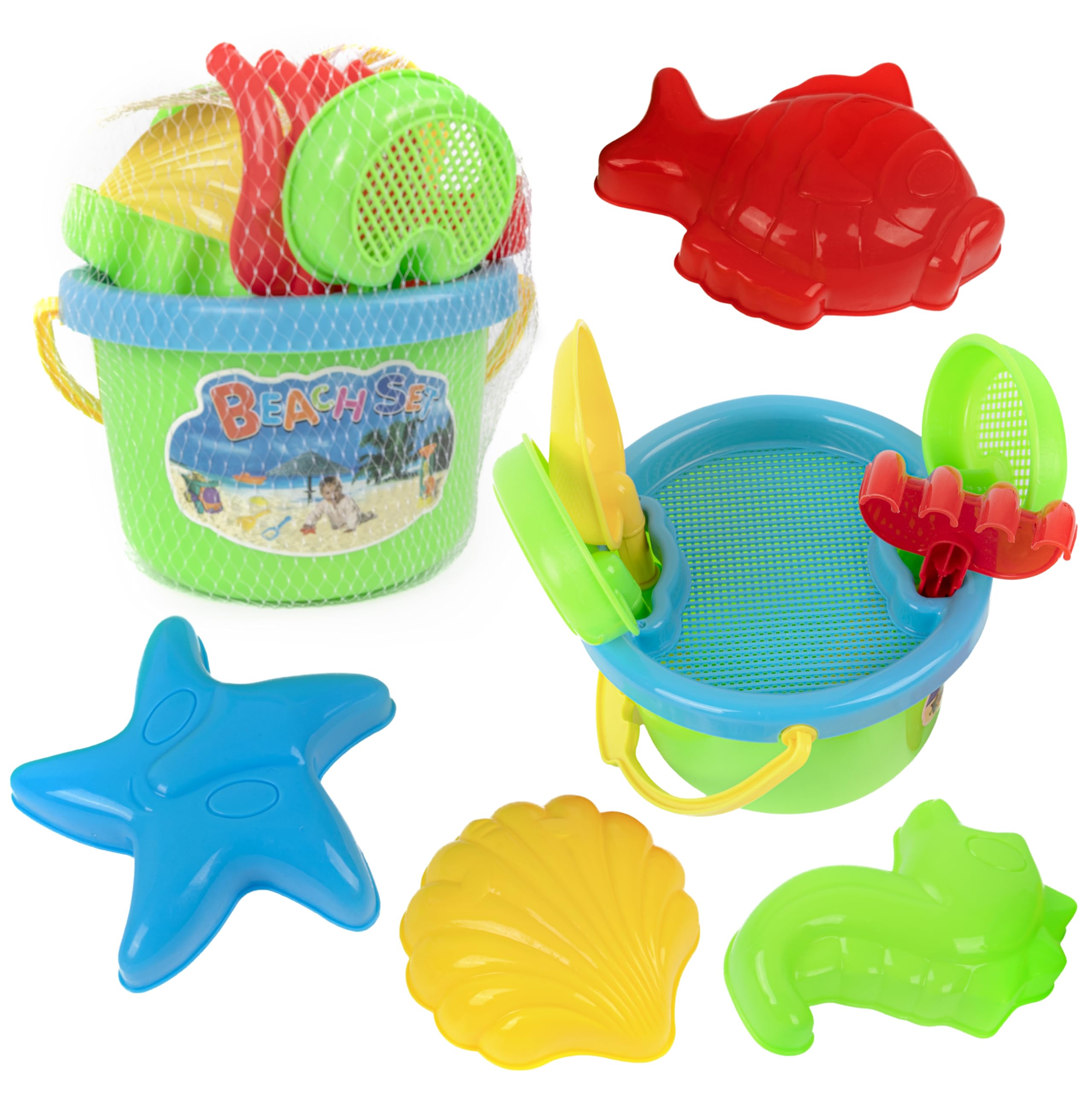 Bambibo Beach Toys For Kids - 10 Pieces, Sand Toys For Kids | Kids Beach Toys Set includes Beach Tool Kit Bucket Watering Can Molds | Sand Shovel Set For Toddler | Sand Toys For Kids Ages 4-8