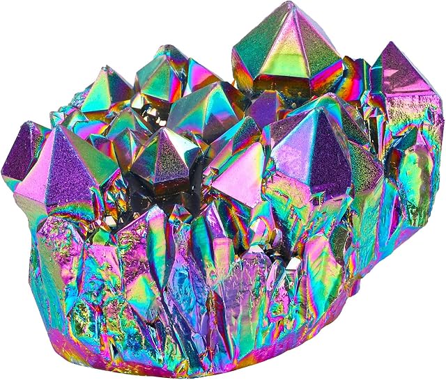 CrystalTears Healing Crystal Cluster Titanium Coated Rock Quartz Crystal Geode Druzy Gemstone Mineral Specimen Sculpture Home Desk Christmas Decoration Gift
