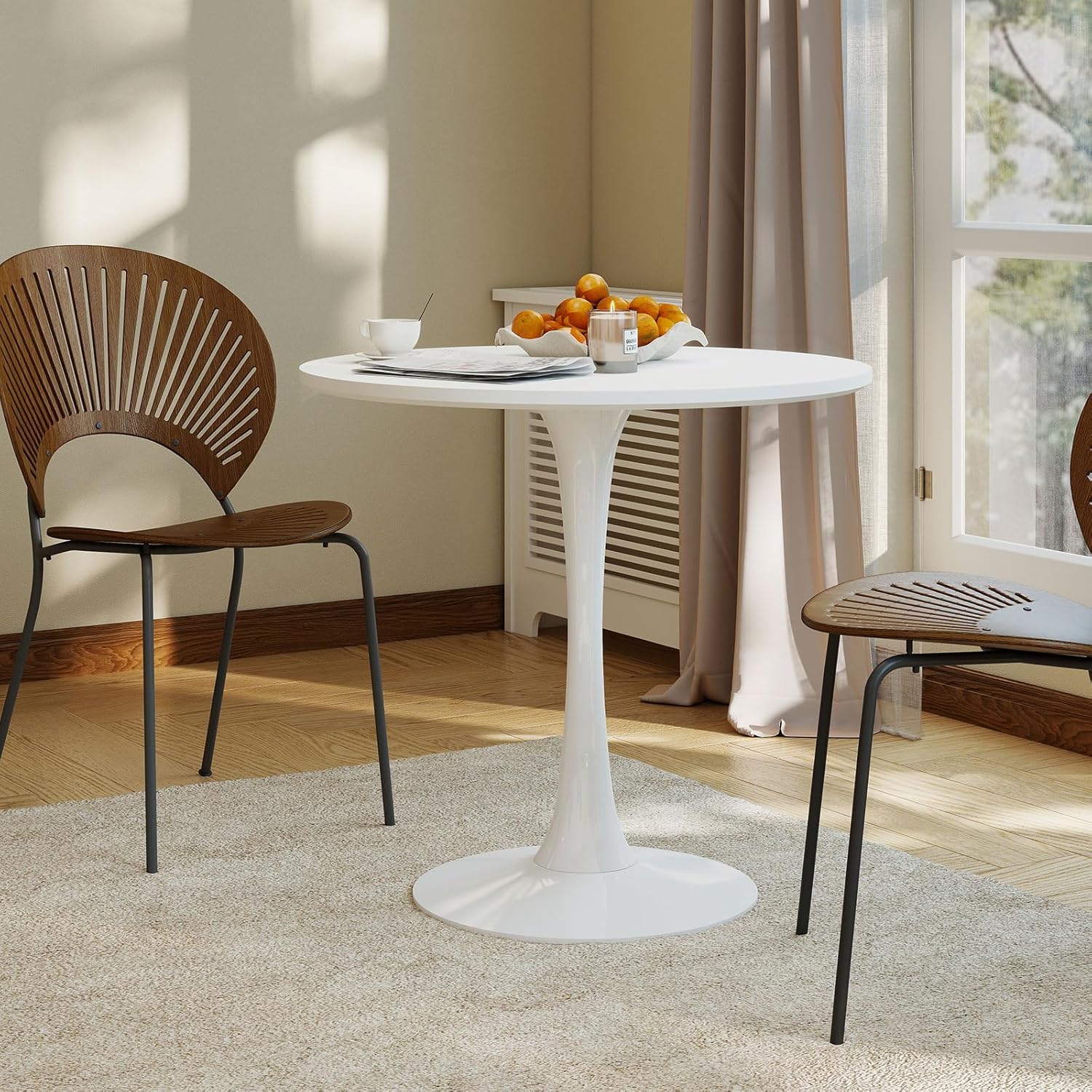 27.5" White Round Tulip Table, MDF Top & Metal Pedestal Base, Modern Accent Table for Small Spaces, Kitchen, Dining Room & Living Room