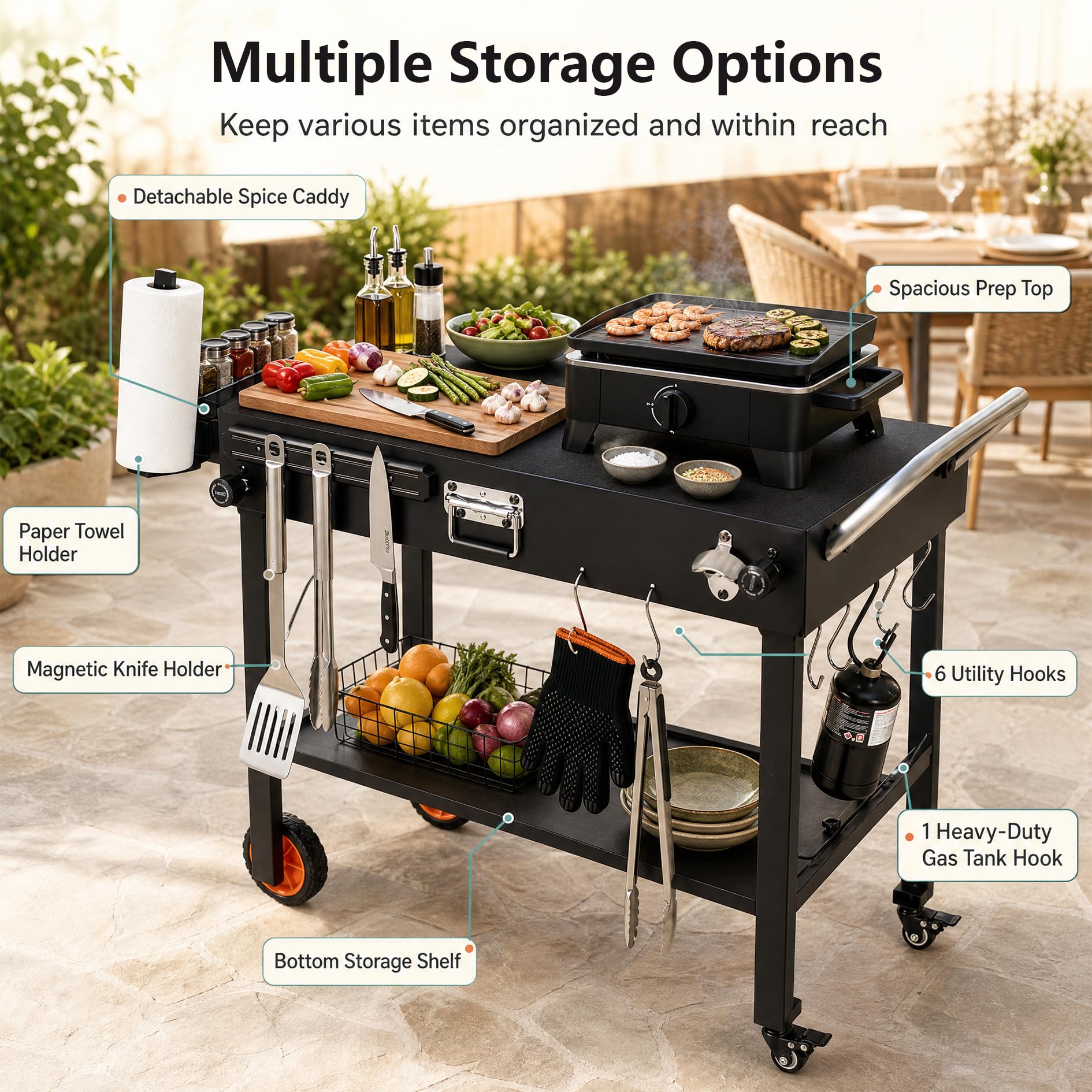 KOMFOTTEU Carrello Barbecue da Esterno Pieghevole con Ruote | Carrello per Grigliate con Ripiano Aperto, 7 Ganci e Tovaglietta Resistente al Calore, per BBQ, Picnic e Feste