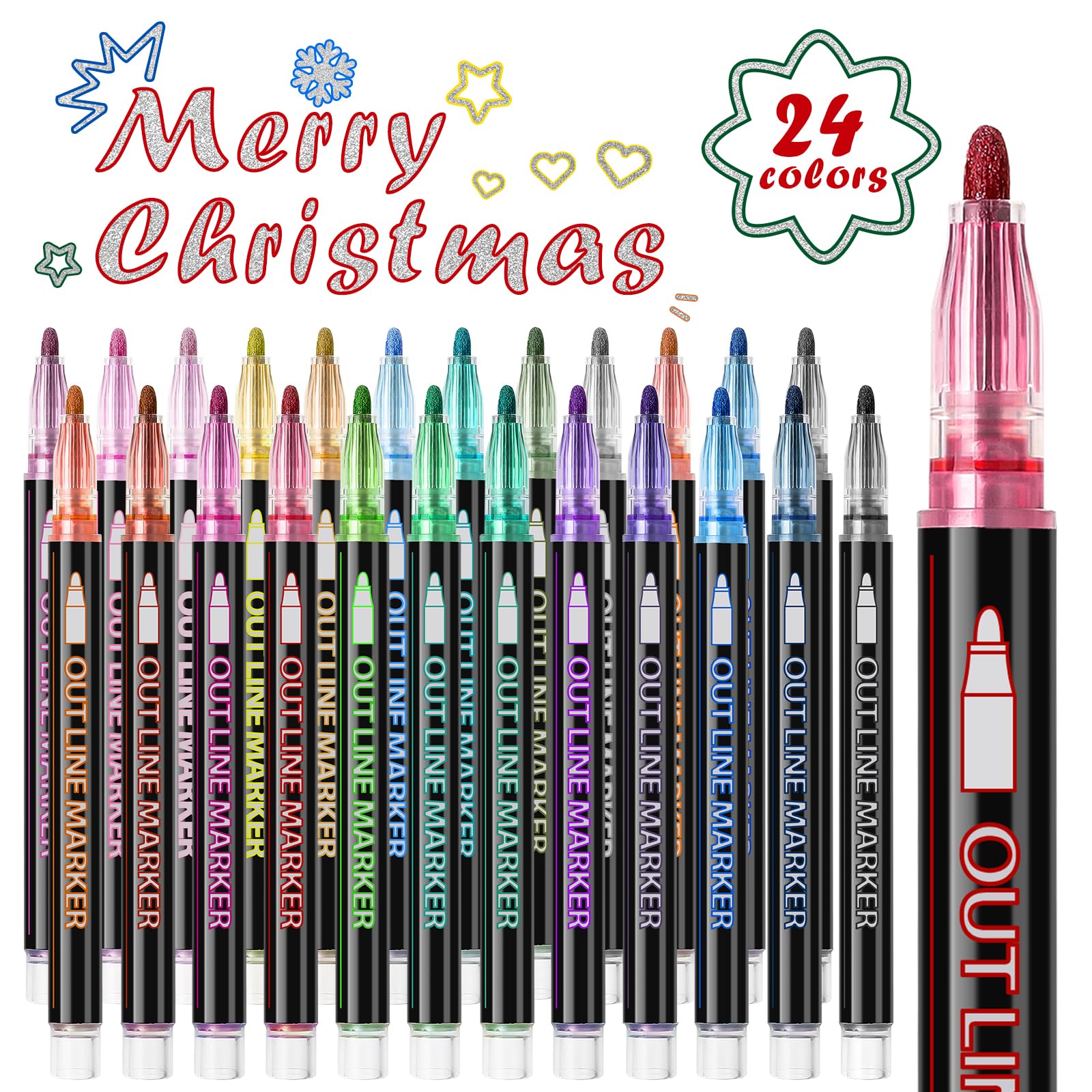 Double Line Outline Markers, 24 Colors Super Squiggles Shimmer Marker Set, Self-Outline Metallic Markers Pens for Doodling, Drawing, Christmas Greeting Card Making, DIY Art Crafts