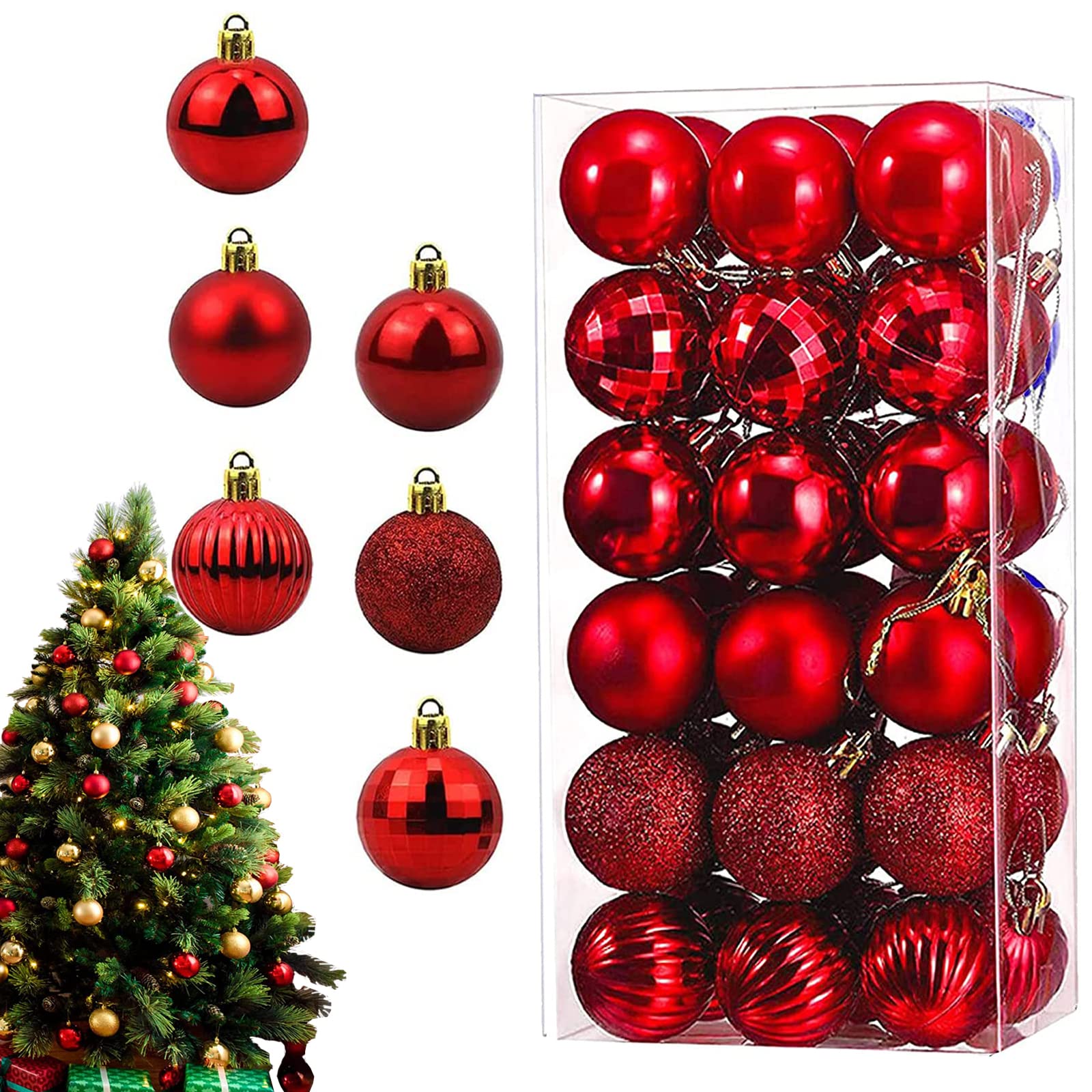54 Palline Per Albero Di Natale – Rosse E Verdi – 3 Cm – Infrangibili In Plastica – Lucide, Opache E Glitter