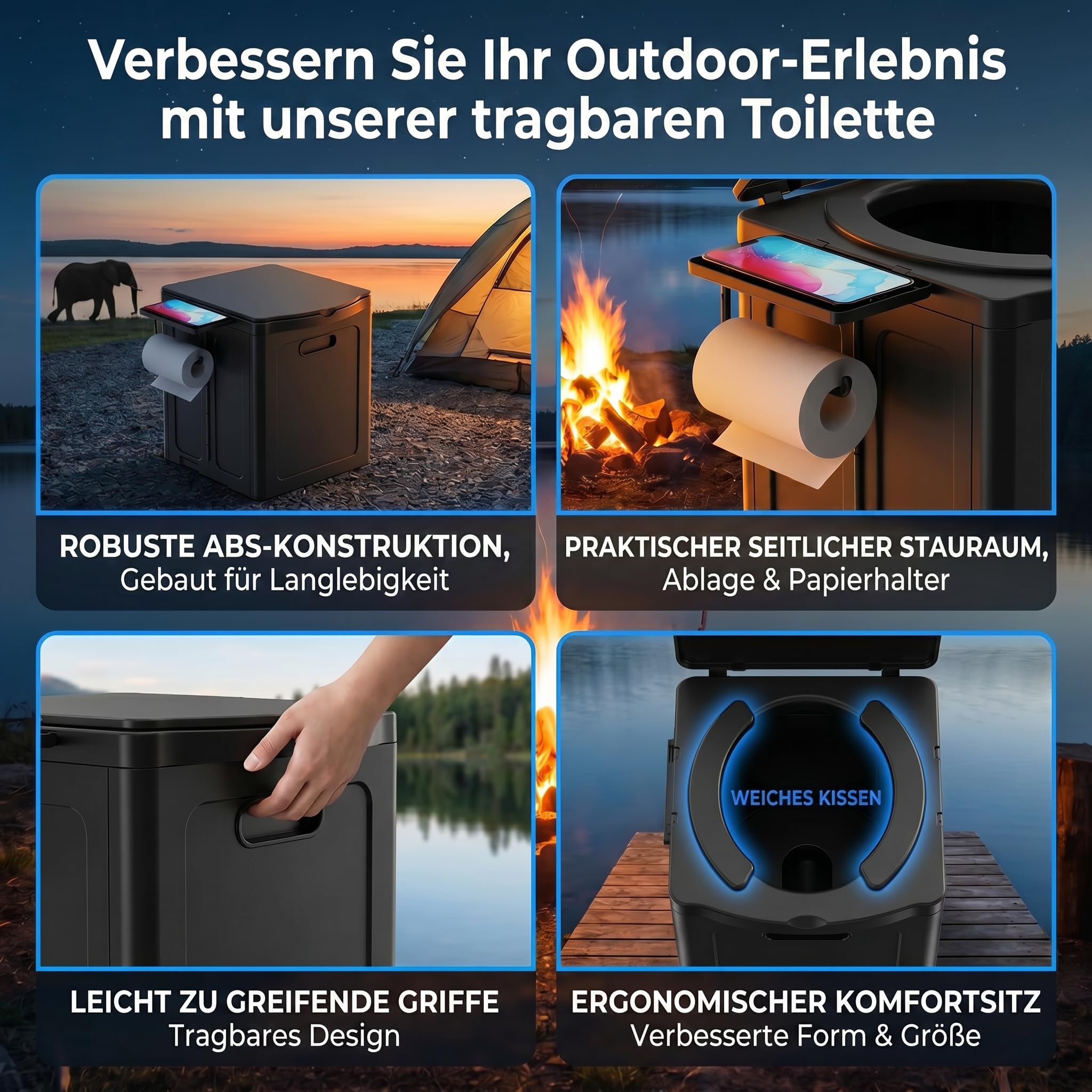 Campingtoilette klappbar mit Deckel, extra groß & stabil, kompakt für Auto