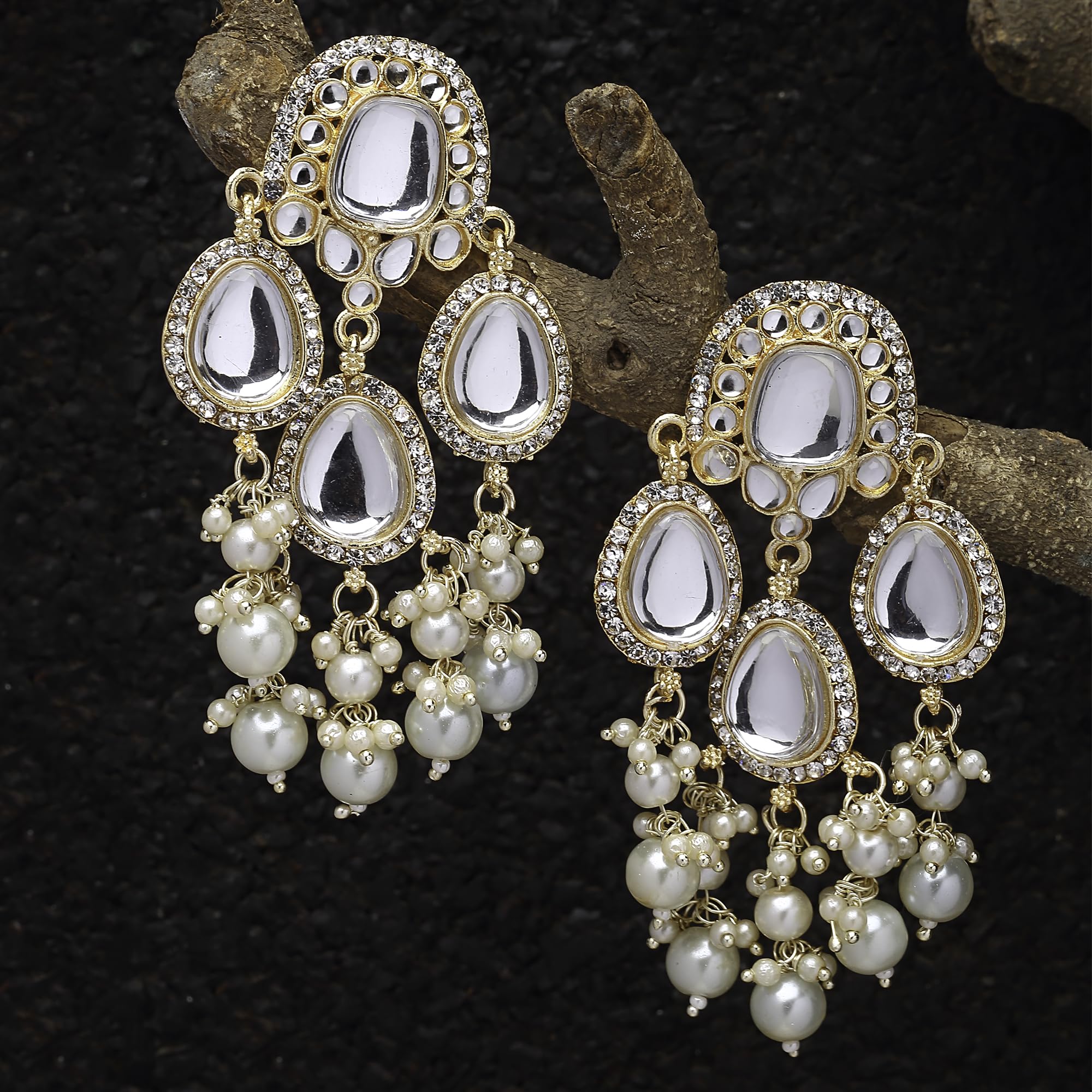 Gold-Plated Kundan & Pearls Teardrop Mirror Earrings