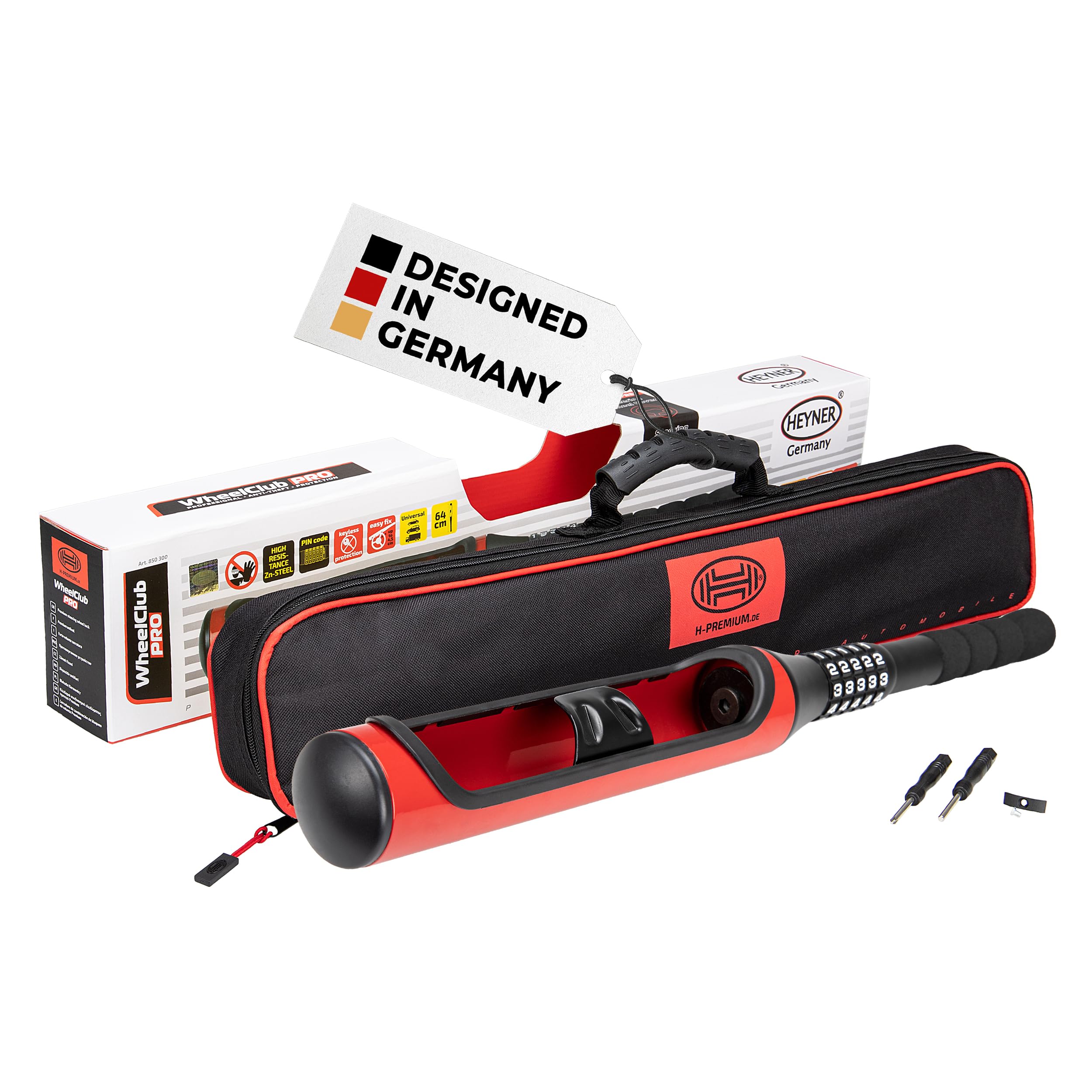 HEYNER® Lenkradsperre 640 mm – Baseball‑Design, 5‑stelliges Zahlenschloss, schwerer Diebstahlschutz, rot‑schwarz