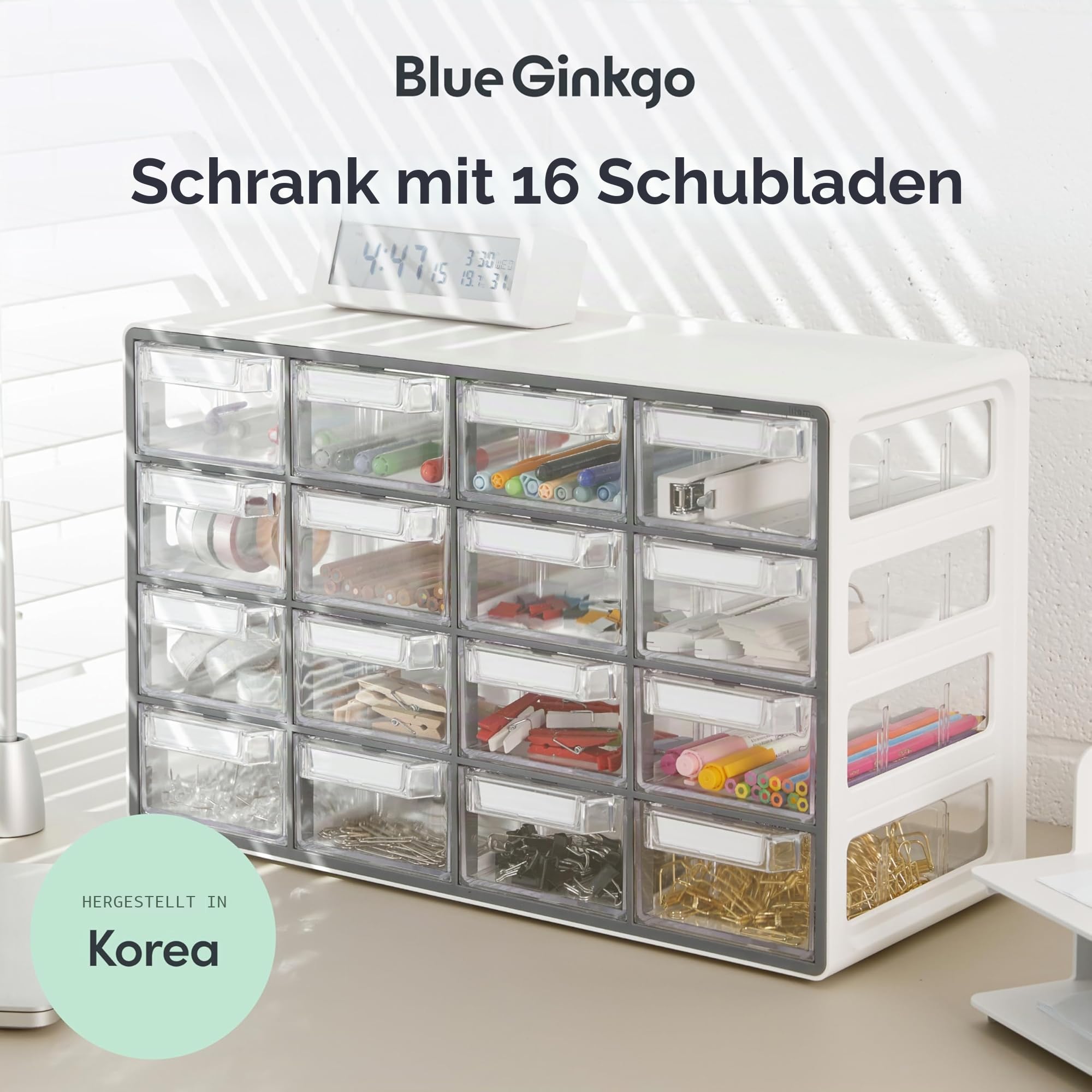 BLUE GINKGO Mittelgroßer Aufbewahrungsschrank mit 16 Schubladen – stapelbare Perlen- und Bastelaufbewahrung, Hardware-Kleinteile-Organizer, Lehrer-Werkzeugkasten (hergestellt in Korea) – Grau