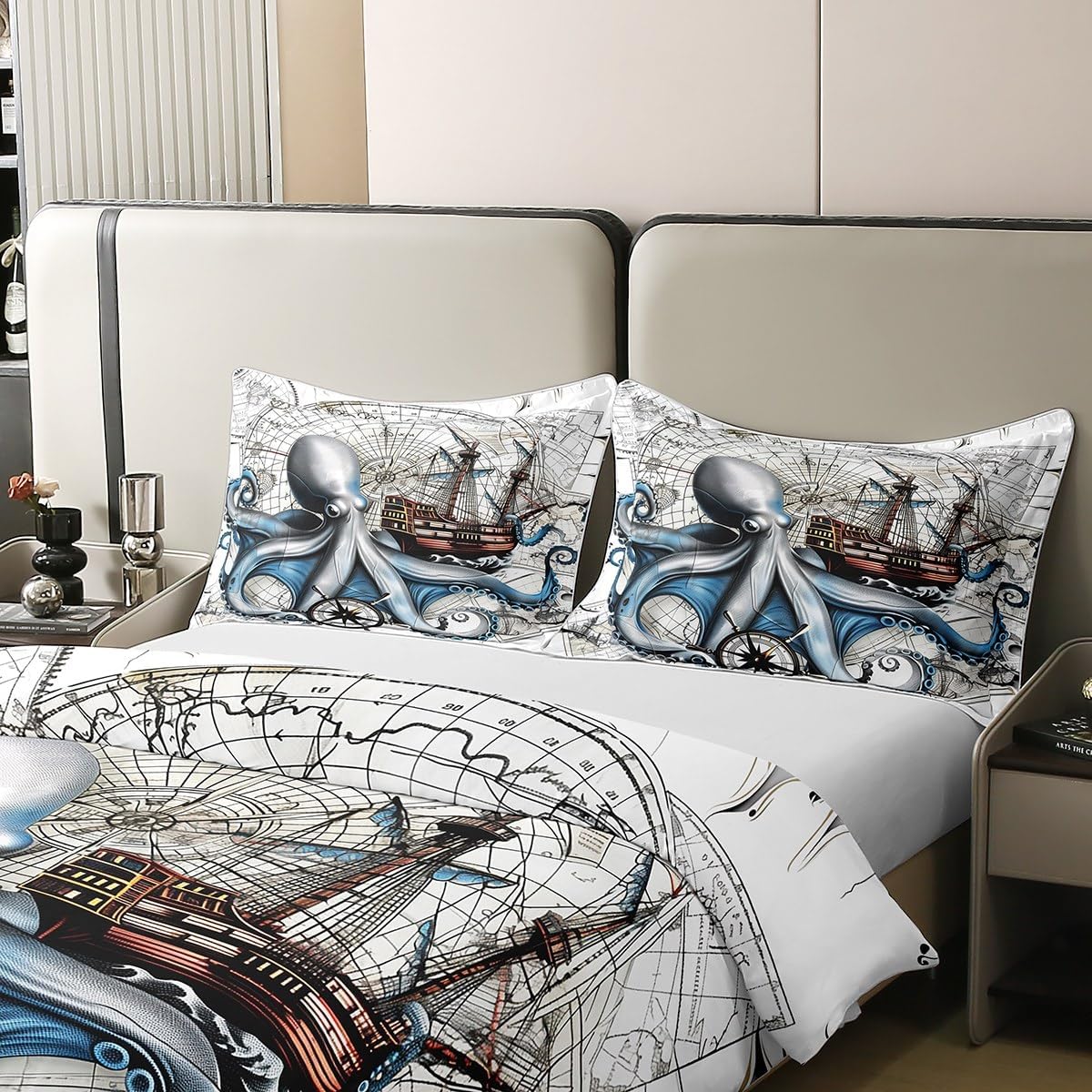 Manfei Ocean Octopus Duvet Cover 100% Nature Cotton Twin Size,Nautical Adventure Vintage Compass Sailboat Comforter Cover (NO Comforter),Rustic Farmhouse Coastal Cabin Decor Super Soft Bedding