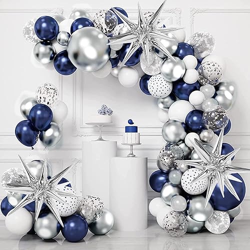 112 globos de confeti azul marino plateado con estrella explosiva para cumpleaños, baby shower, boda, fiesta, suministros de decoración