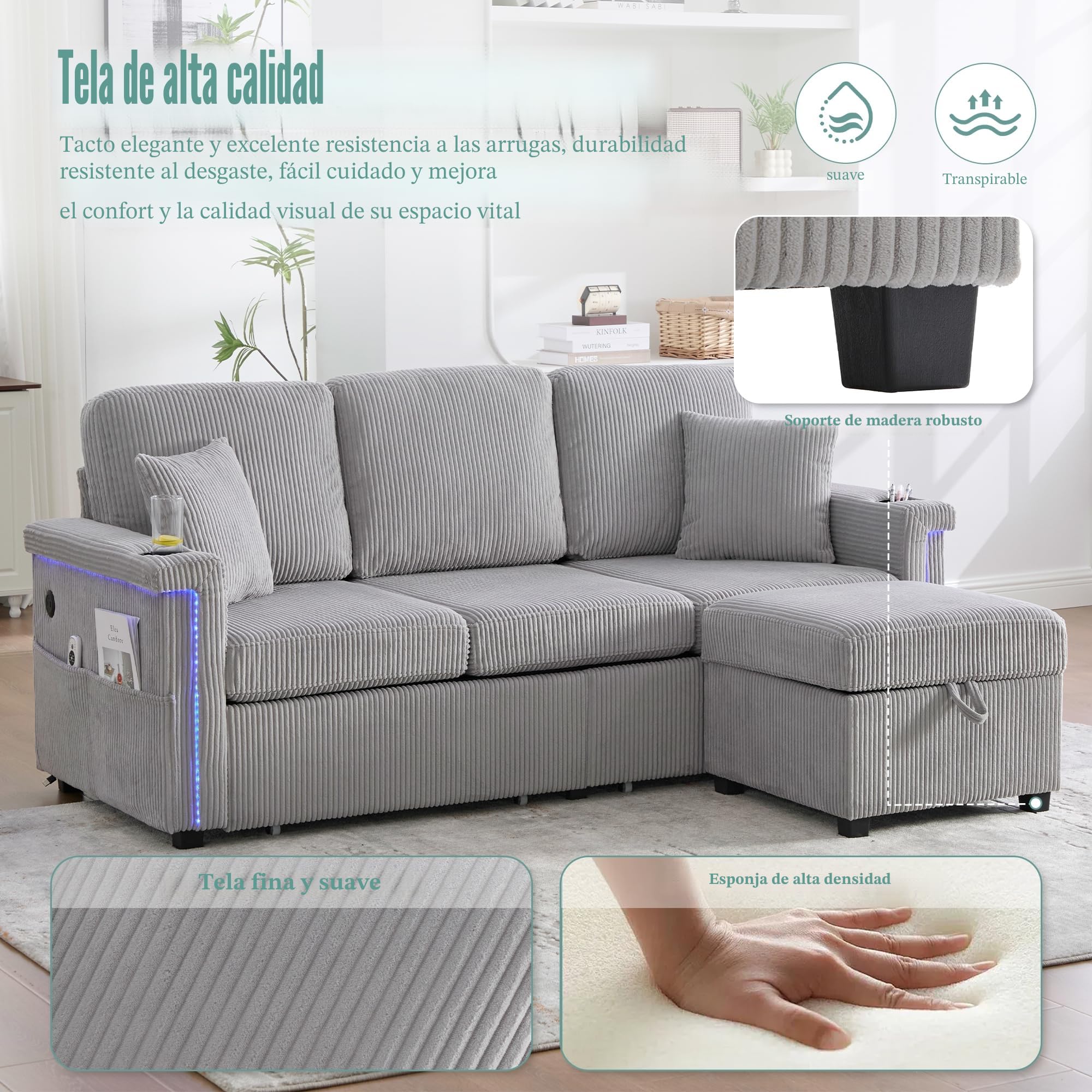 Sofá de 3 plazas, sofá en forma de L con función de dormir, iluminación LED y puerto USB-C, incluye espacio de almacenamiento, reposapiés, bolsillos laterales para salón, dormitorio, 194
