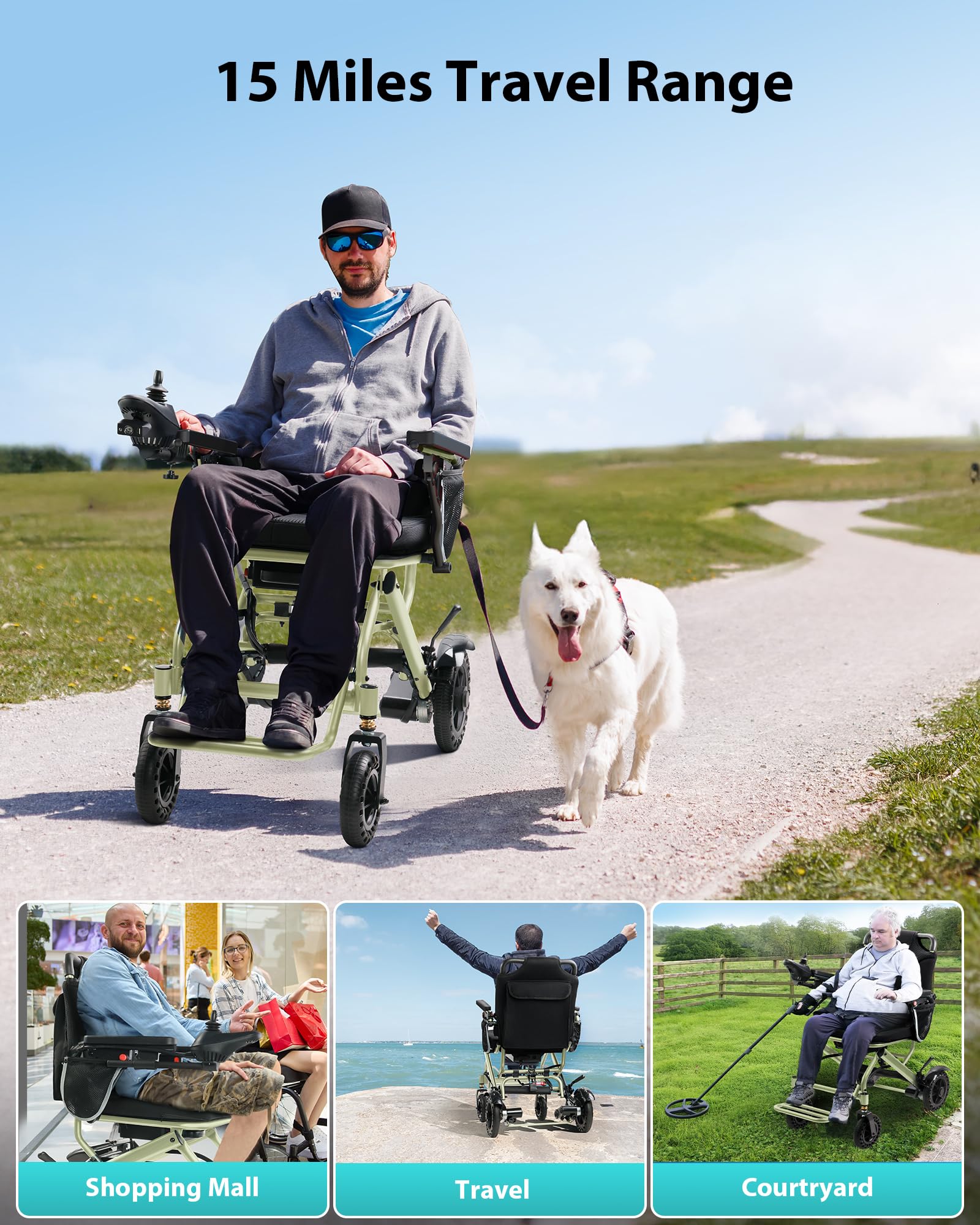 Fauteuil Roulant Électrique Pliable 15 kg, Autonomie 24 km, Charge Max 150 kg, Moteur 360 W, Léger et Compact, pour Adultes et Personnes Âgées, Voyage en Avion, Frein Électromagnétique
