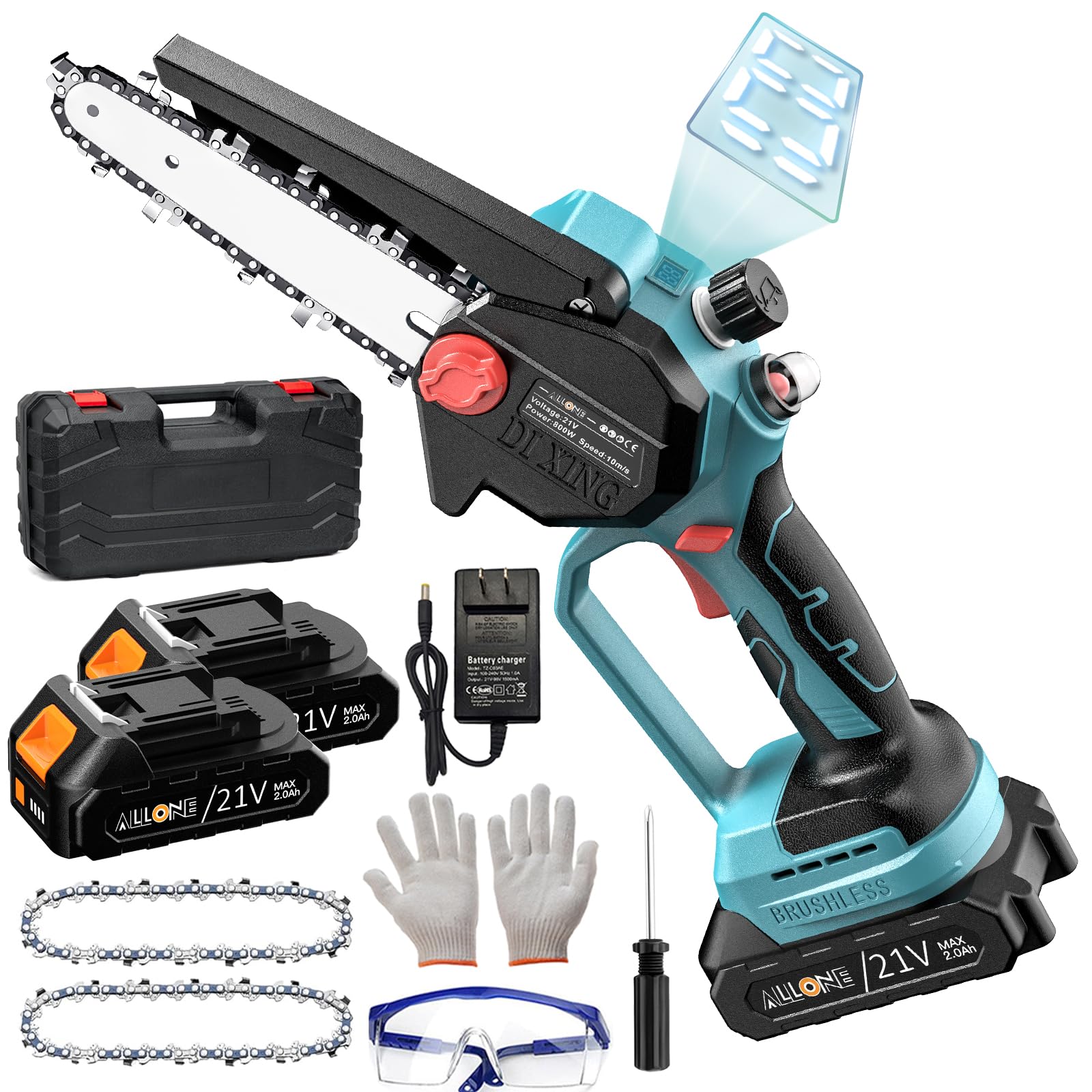Mini Chainsaw 6 inch Cordless with Oiling System and Digital Display,2.0Ah Electric Handheld Brushless Pruning Chainsaw 800W,Portable Battery Powered Chain Saw for Cutting Tree Branches,Trimming Wood