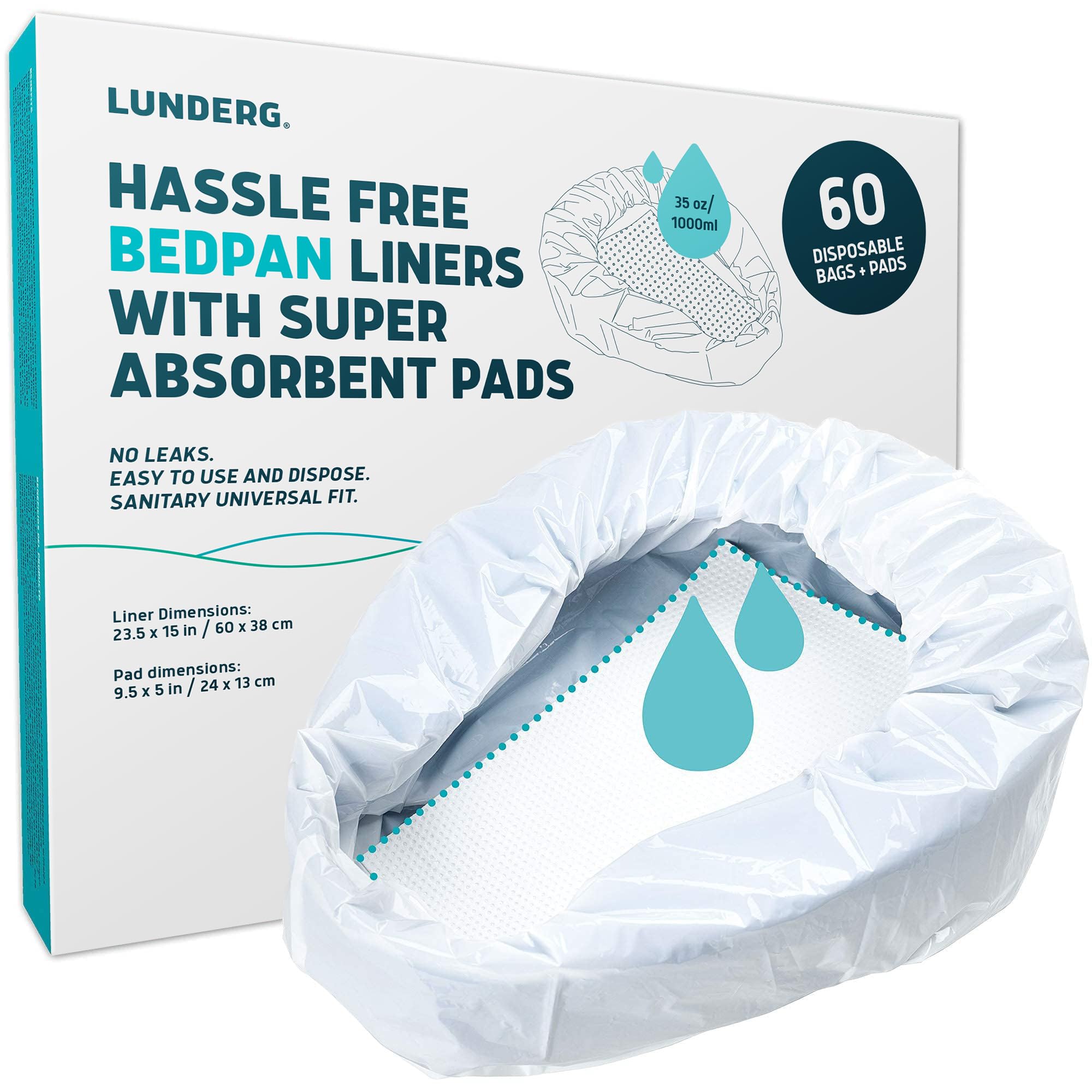 Lunderg Bedpan Liners with Super Absorbent Pads - Value Pack 60 Count - Medical Grade & Universal Fit - Bed Pans for Females, Elderly Men and Women - Make Life so Much Easier