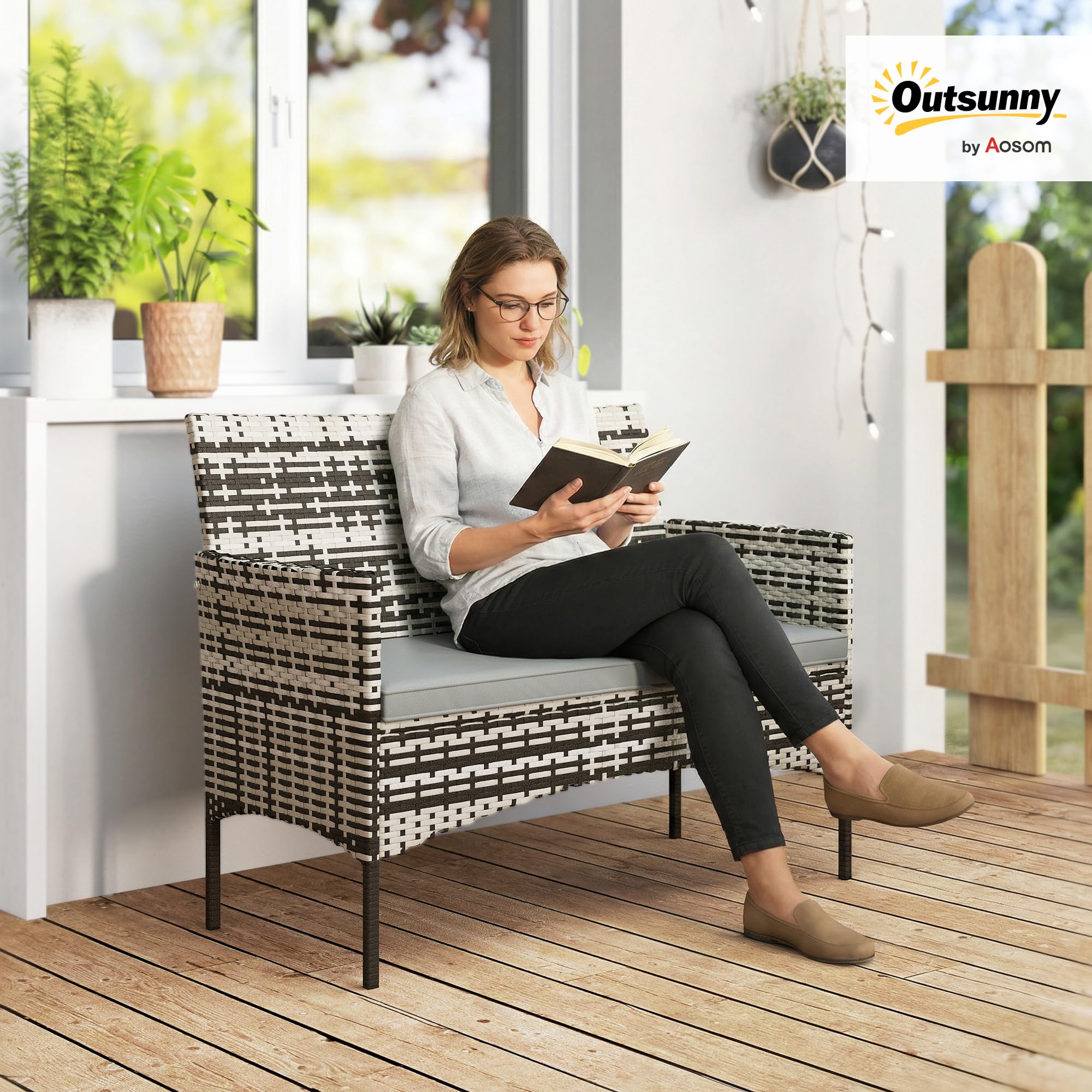 Outsunny Sofa Ogrodowa 2-osobowa Rattanowa z Poduszką, Sofa na Taras Balkon, Pogodoodporna, Jasnoszara | Sofa wypoczynkowa, sofa do ogrodu, na taras, balkon, polirattan