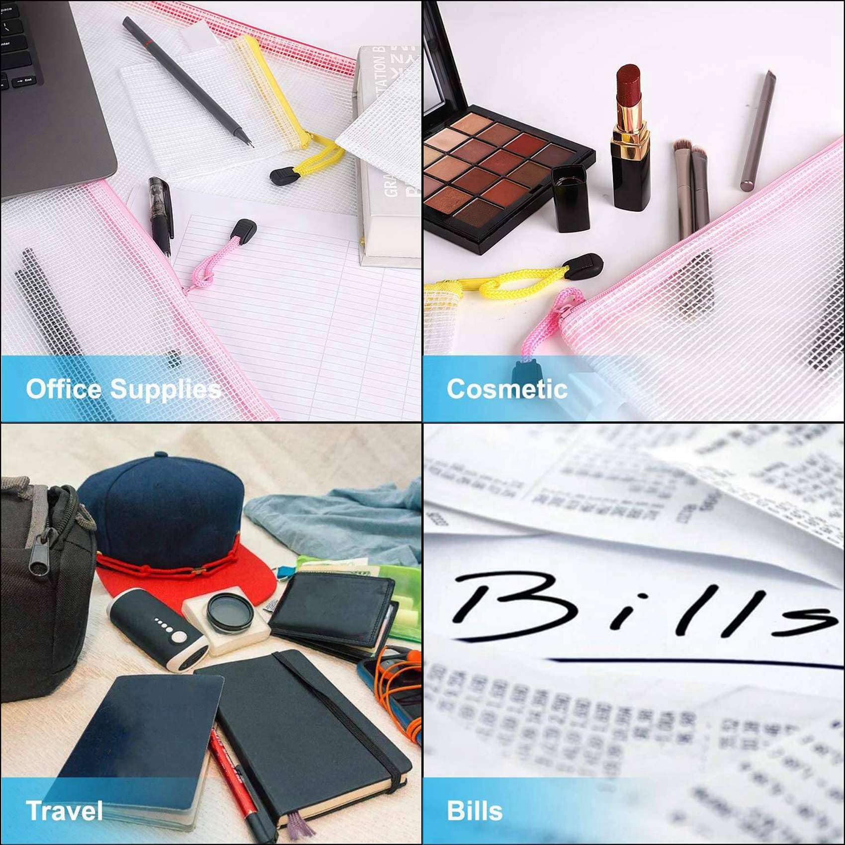 Confezione da 72 Buste Nel Rete con Cerniera, 8 Dimensioni, per Documenti con Cerniera Impermeabili, da Viaggio Multiuso (9 Colori)