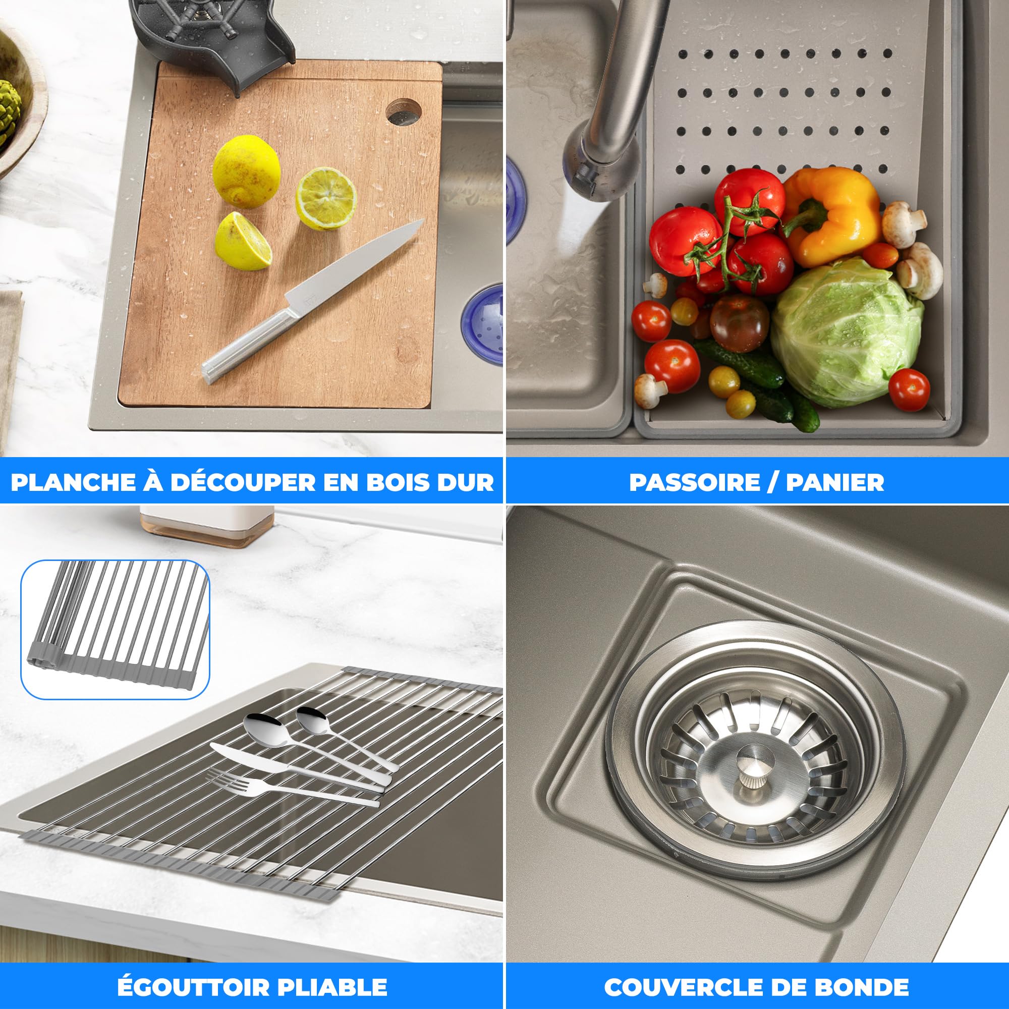 SereneLife Evier Cuisine 1 bac Inox 75 x 46 x 22cm – Evier Cuisine Multifonction avec Égouttoir – Lavabo Cuisine avec Cuve Profonde, Robinet et Lave-Tasses Intégrés, Planche à Découper, Design Moderne