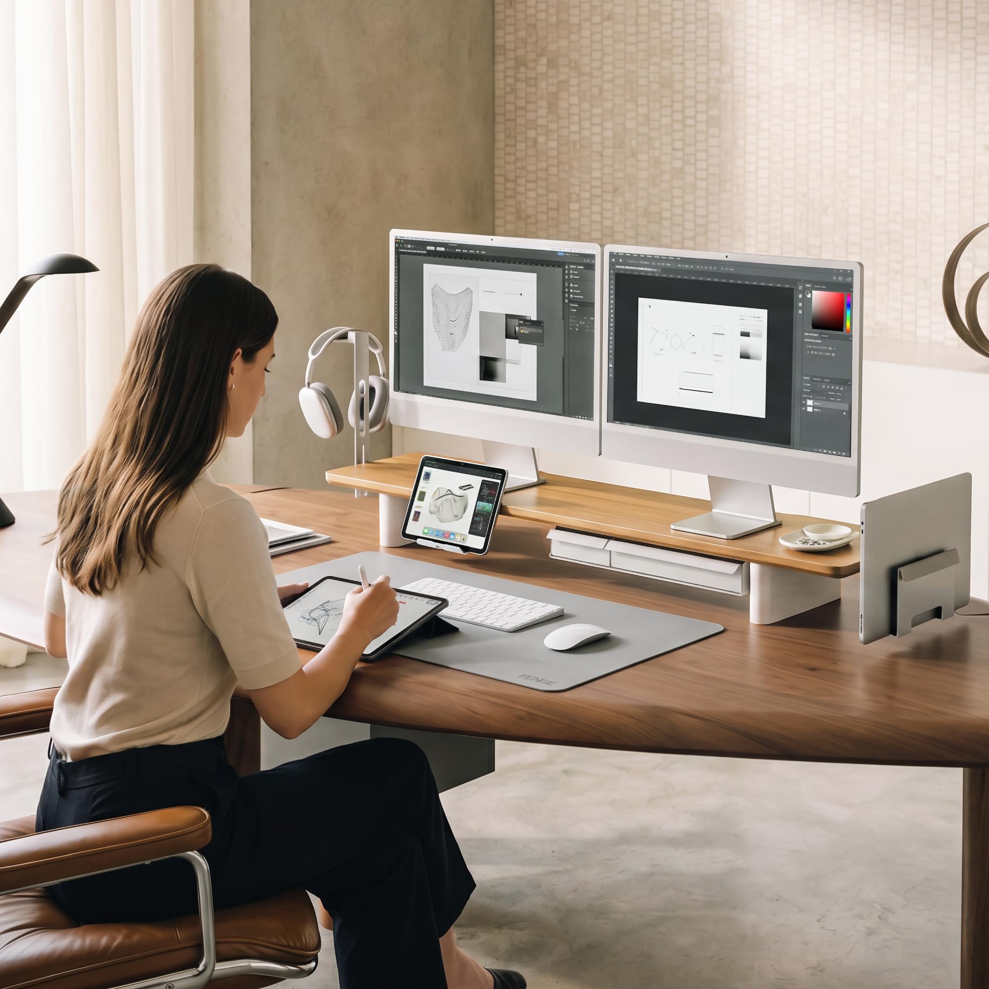 Fenge Supporto per Monitor, Multifunzionale Rialzo Monitor,Rovere Scuro