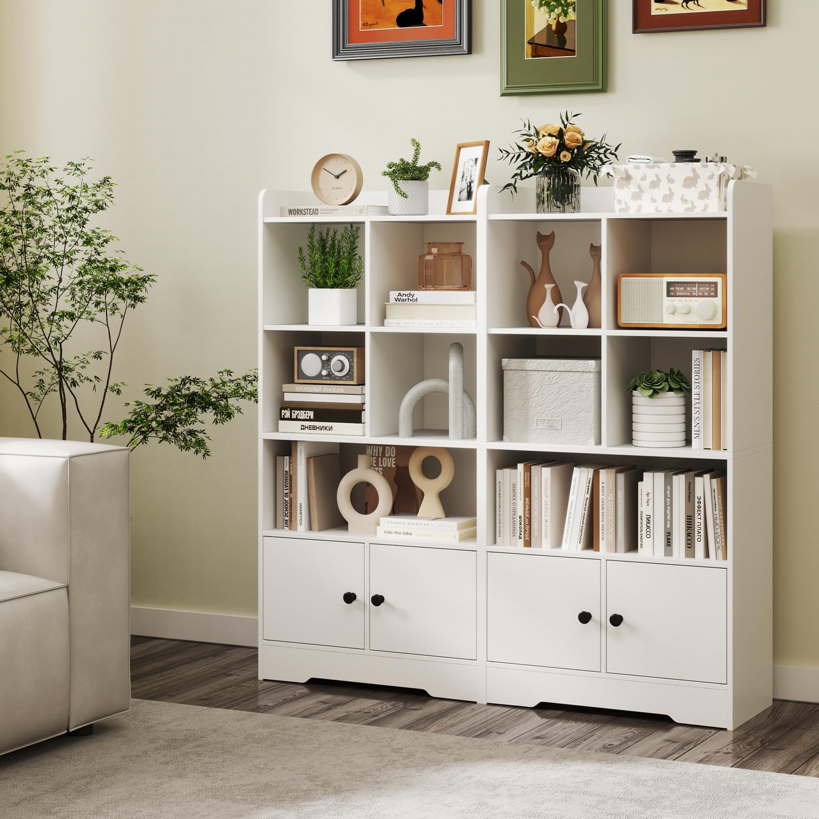 KOMFOTTEU Libreria Scaffale con 5 Scomparti e 2 Armadi, Libreria a Cubi da Terra con Dispositivo Anti-Ribaltamento, Mobile Soggiorno in Legno, da Ufficio, Cameretta, Studio, Bianco, 60 x 29,5 x 120 cm