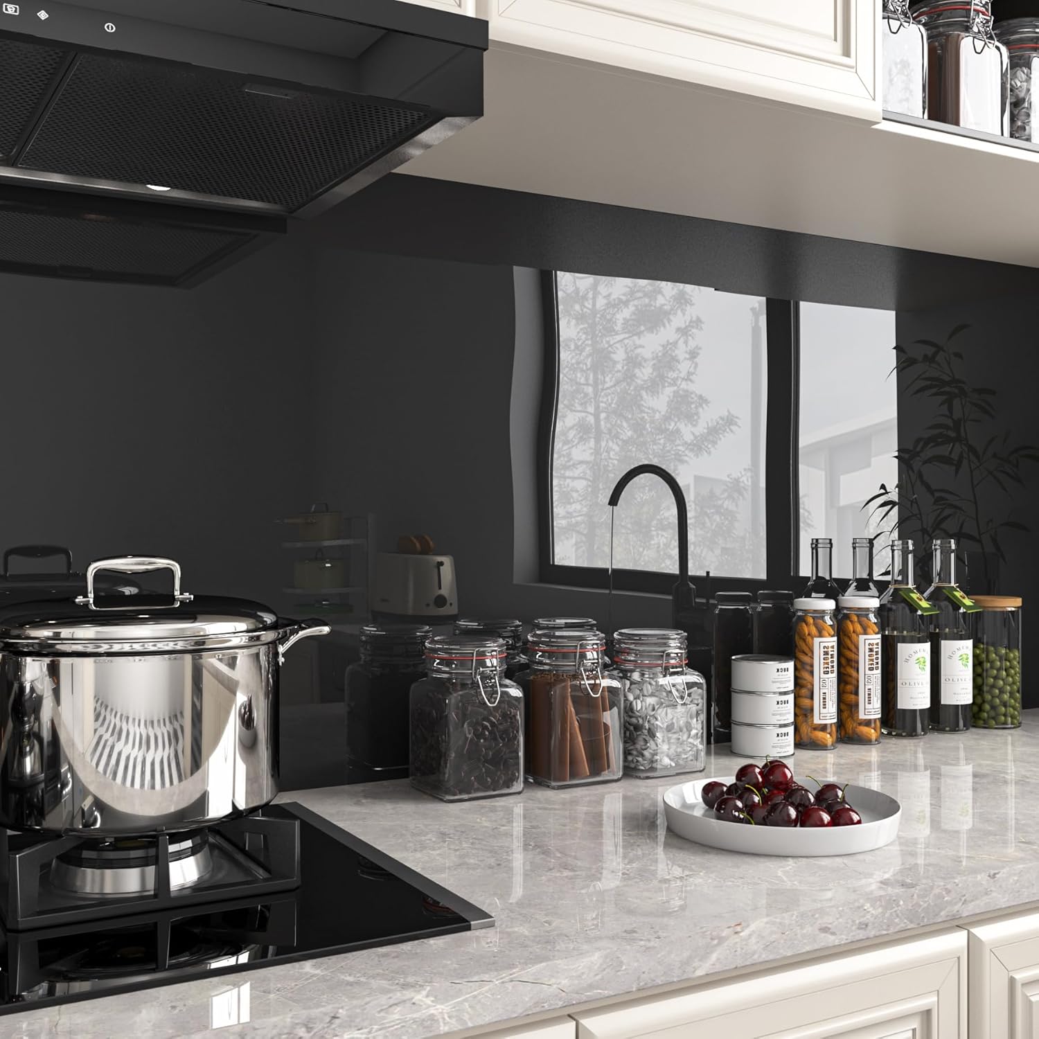 Livelynine 15.8x394in Black Glossy Wallpaper Peel and Stick Bathroom Cabinet Contact Paper Waterproof Kitchen Vinyl Wrap for Cabinets Doors Counter Top Covers Renter Friendly Sticky Cabinet Covering