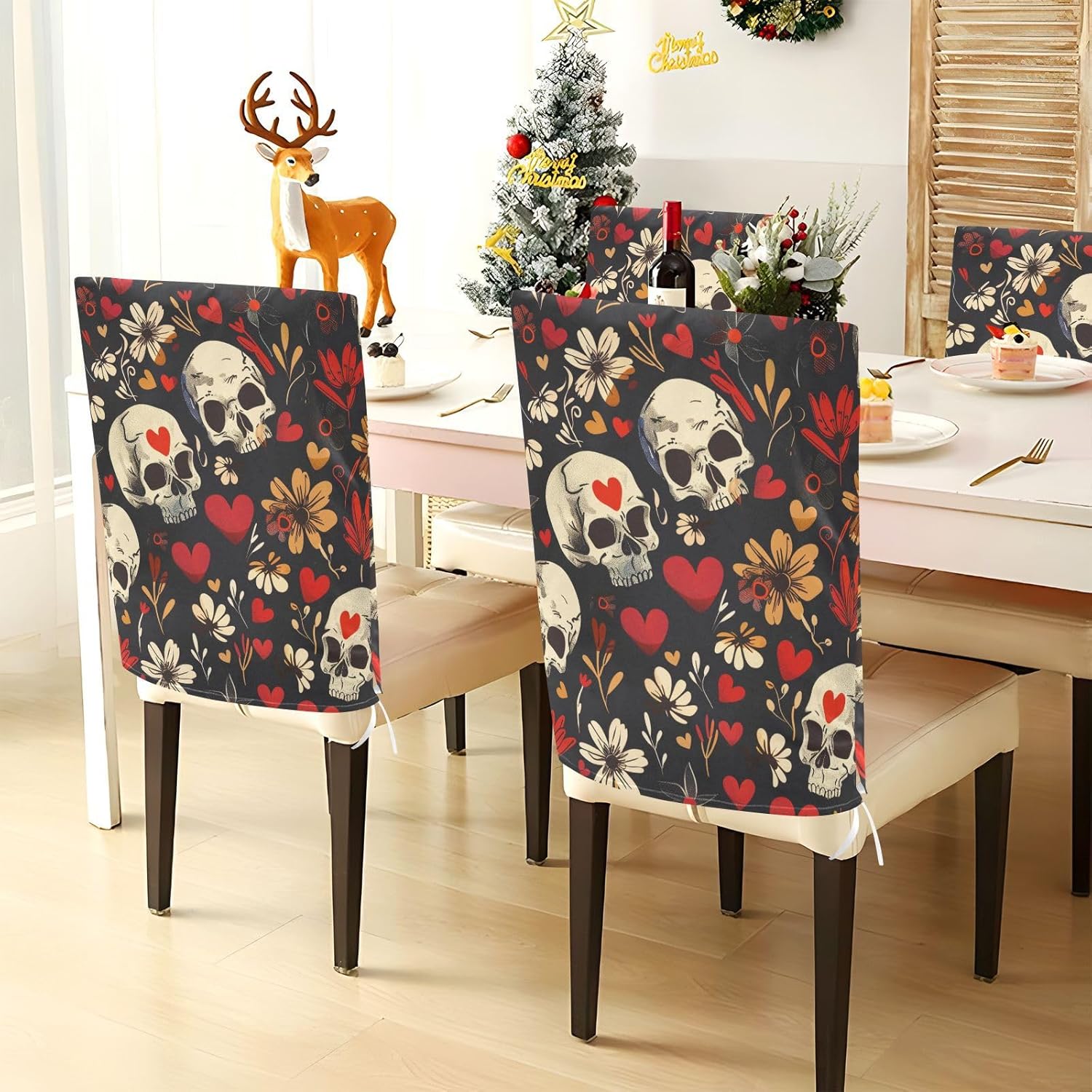ALAZA Skulls Hearts Flowers Chair Back Cover Set of 6, Washable Reusable Removable Chair Slipcovers Decorative Chair Cover for Home Kitchen Wedding Party