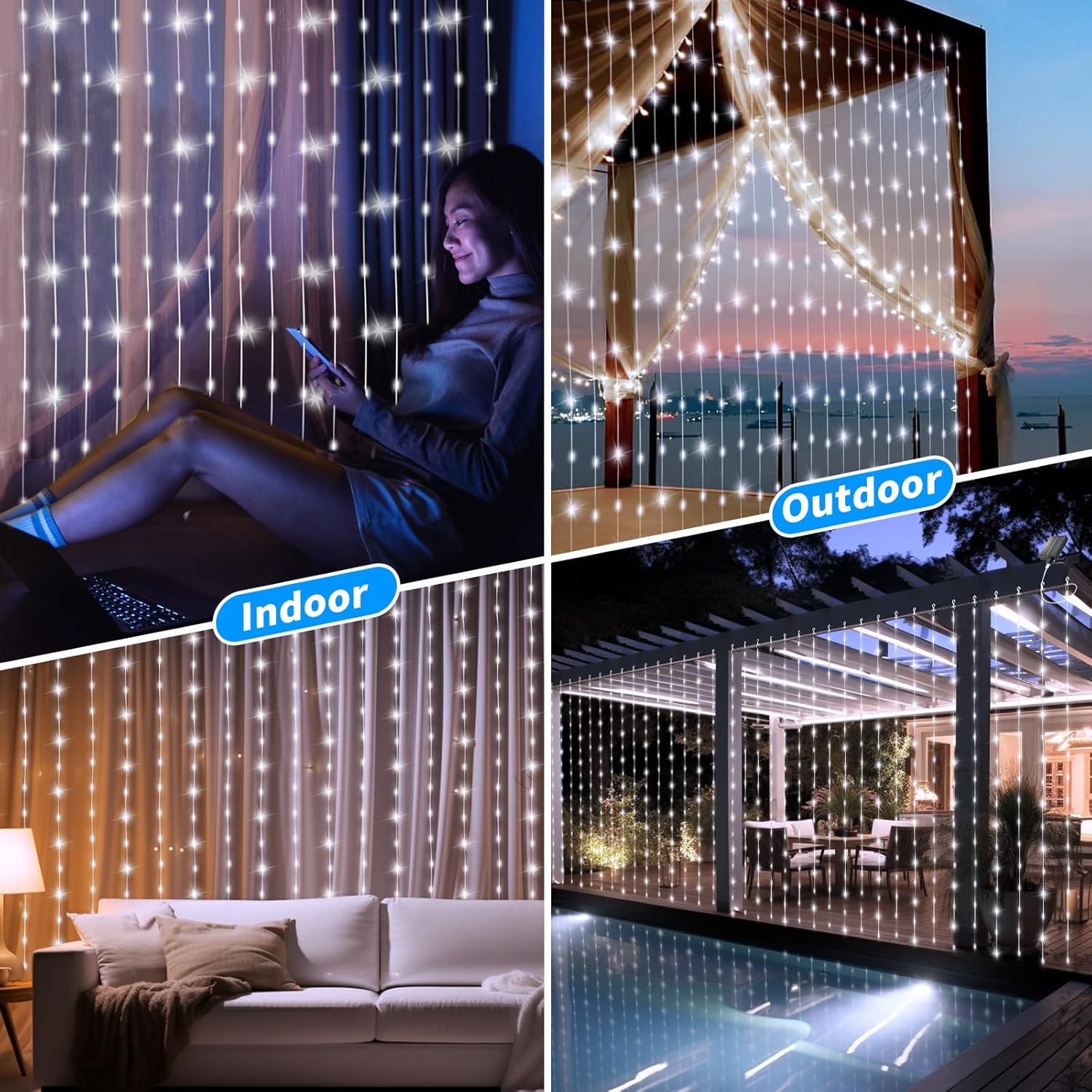 Solar Curtain Lights 10*10Ft 300LED Waterproof Waterfall Light with 8 Modes Remote Type C Charging Dimmable Timer Twinkle Fairy String Lights for Outdoor Christmas Gazebo Wedding Party Pergola Patio