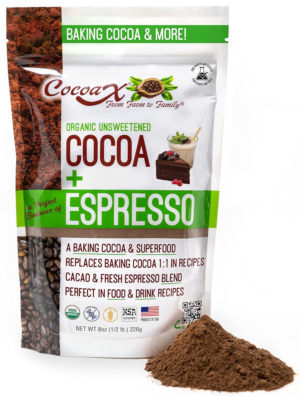 CocoaX Organic Cocoa Powder with Espresso Powder - 8oz Gluten Free, & Non-GMO Unsweetened Cocoa Powder for Baking - Dutch Processed Cocoa Powder to Use 1 To 1 in Cocoa Recipes - Made in America