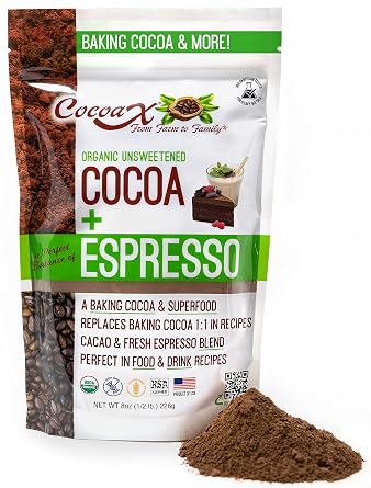 CocoaX Organic Cocoa Powder with Espresso Powder - 8oz Gluten Free, Non-GMO Unsweetened Cocoa Powder for Baking - Dutch Processed Cocoa Powder to Use 1 To 1 in Cocoa Recipes - Made in America