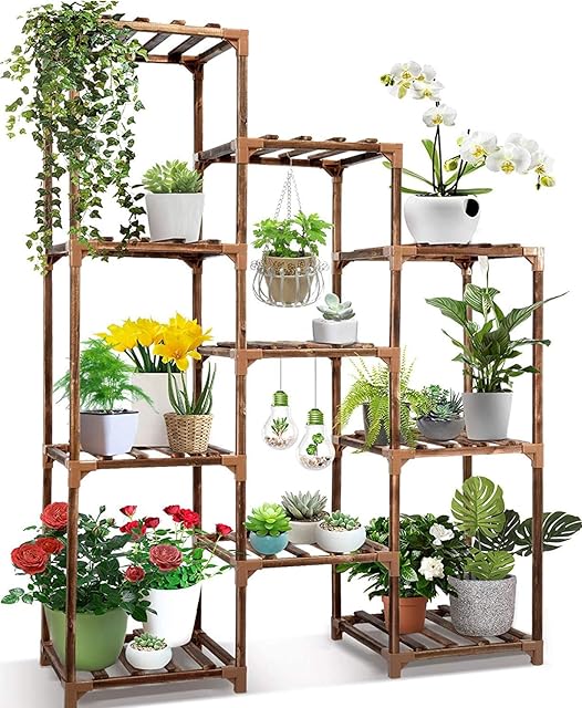 cfmour Plant Stand Indoor Outdoor, 10 Tire Tall Large Wood Plant Shelf Multi Tier Flower Stands,Garden Shelves Wooden Plant Display Holder Rack for Living Room Corner Balcony Office Lawn Patio