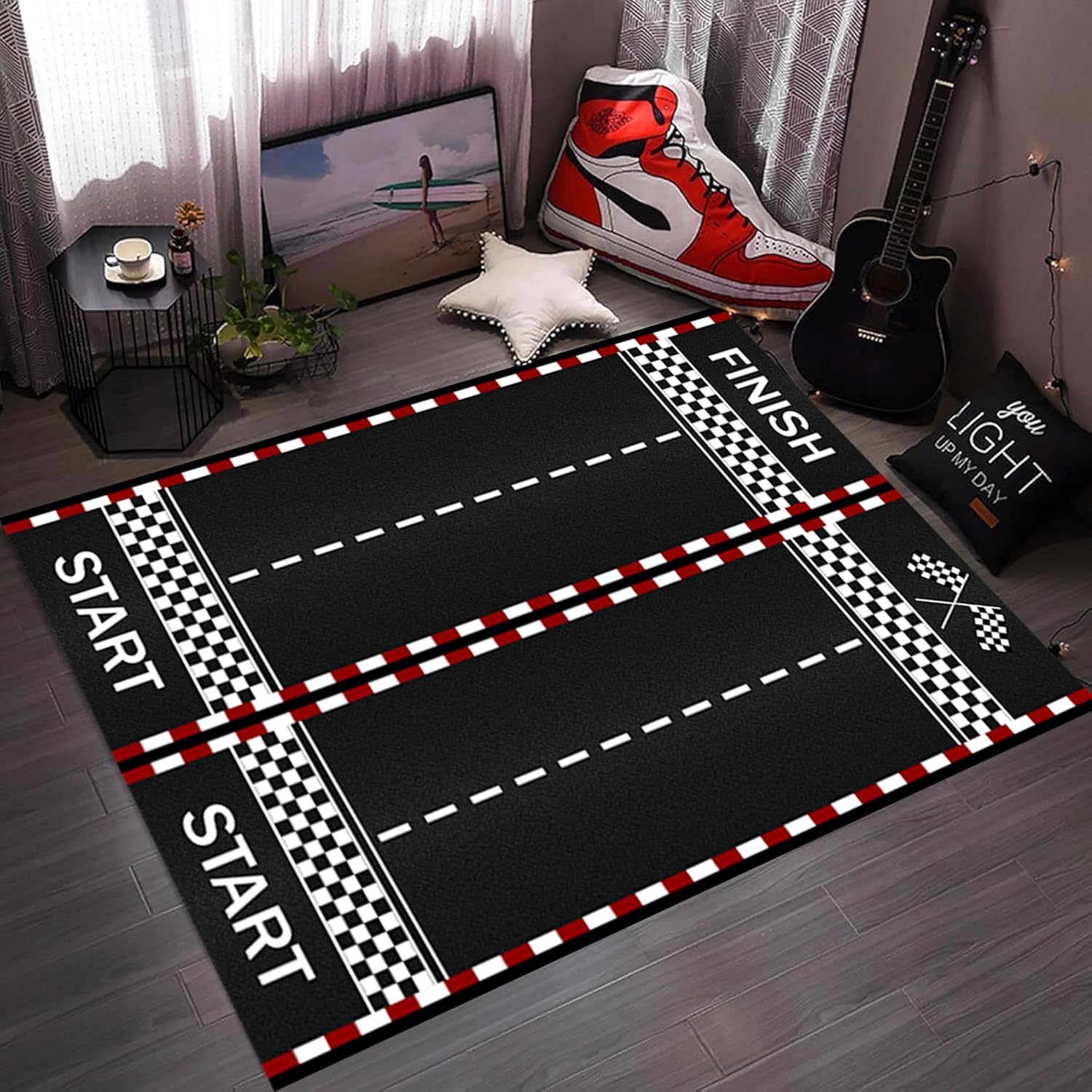 Race Track Area Rug, 5x8ft, Black White Checkered Race Car Room Decor Car Karting Road Racing 3D Car Rug, Start and Finish Line Racing Track Marking Kids Rugs for Boys Girls Room