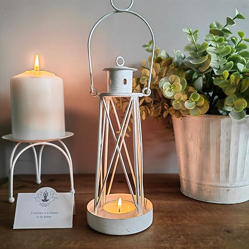 Miniatura 3 de Hosley Farol de hierro de 7 pulgadas de alto con dos candelitas gratis, perfecto para decoración del hogar, bodas, fiestas, regalos, portavelas de