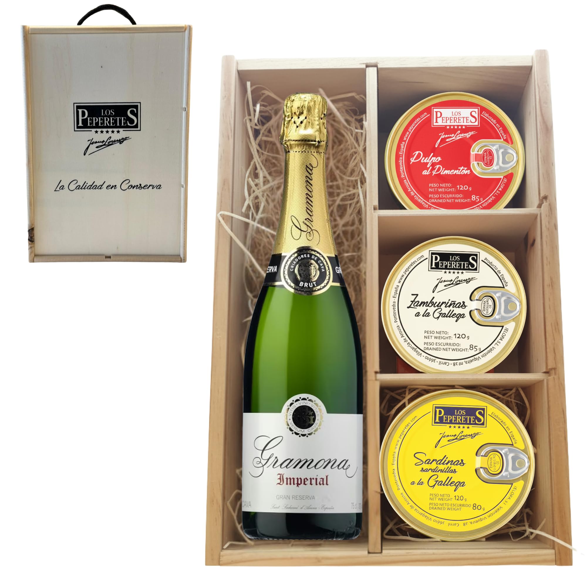 LOS PEPERETES Pack Gourmet Marisco Gallego con Cava Gramona Imperial | Pulpo al Pimentón ×2 · Zamburiñas ×2 · Sardinillas a la Gallega ×2 | Lote Delicatessen Premium