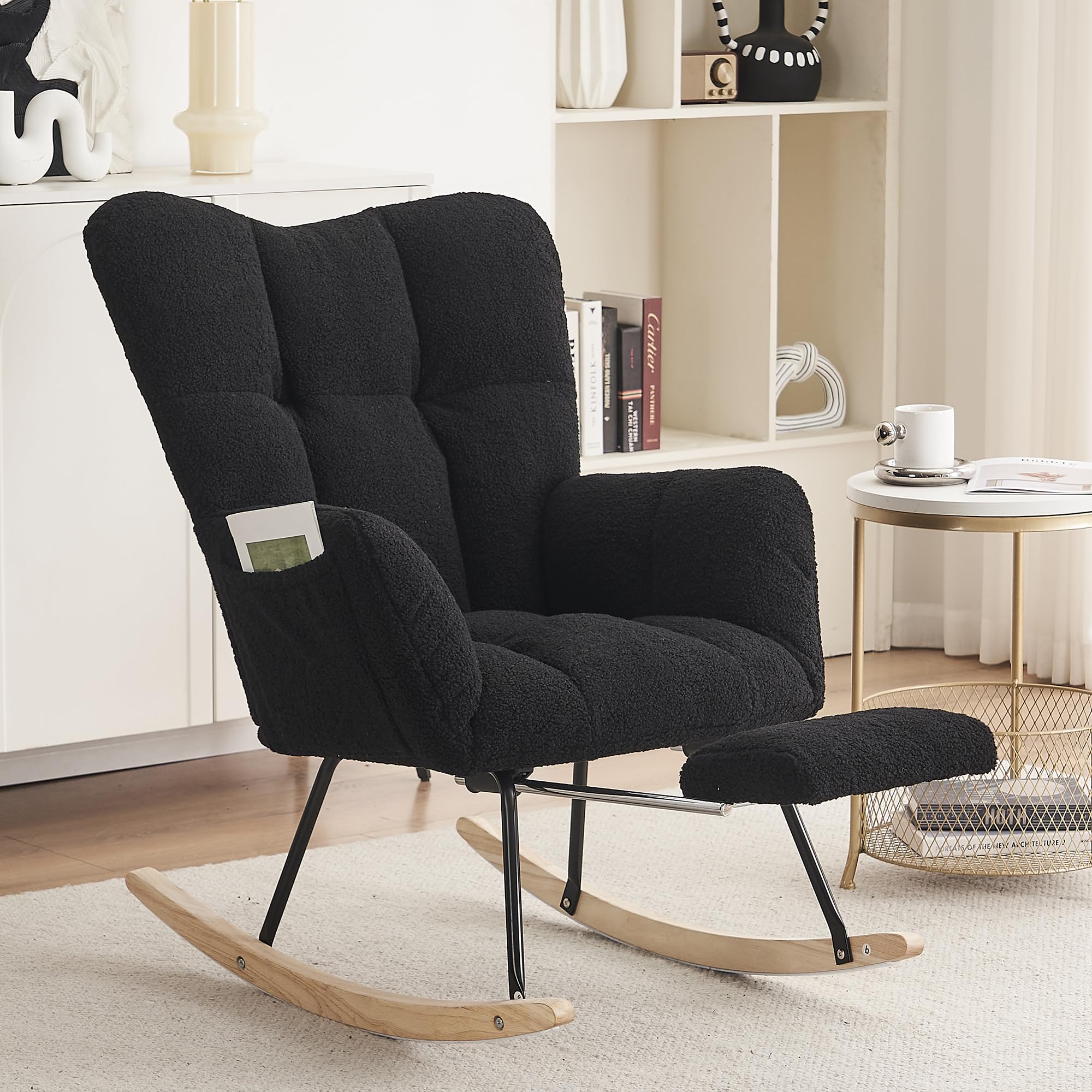 Mecedora, cómoda silla de lactancia, mecedora con reposapiés para sala de estar, dormitorio, cómoda silla de lectura para habitación infantil, adecuada para salón, dormitorio (negro)