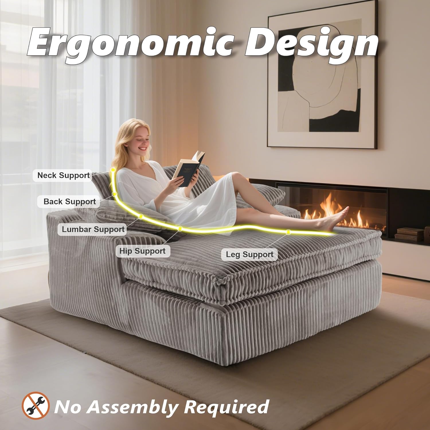 67'' Extra Wide Chaise Lounge Sleeper Chair Bed with 3 Pillows, Indoor Love Seat Bed & Double Lounger, Upholstered Foam Daybed Deep Seat Reading Sofa for Living Room, No Assembly Required, Grey