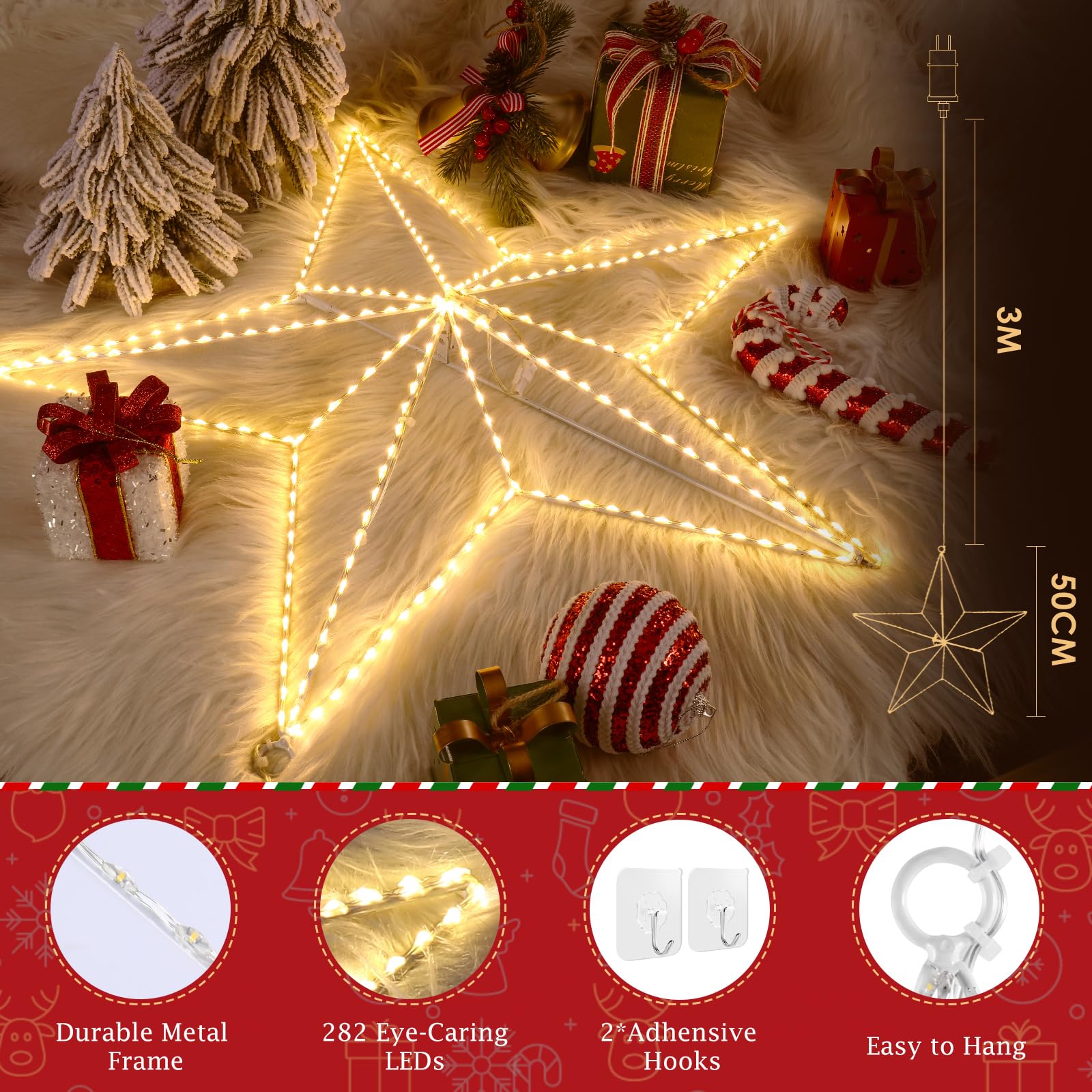 GlobaLink LED Weihnachtsdeko Fenster - 3D Fünfspitzstern Eisenleuchten mit Stecker (Netzbetrieb), 282 Warmweiß-LEDs, Faltbar, Indoor/Outdoor für Schlafzimmer, Weihnachtsfeier & Außenbereich