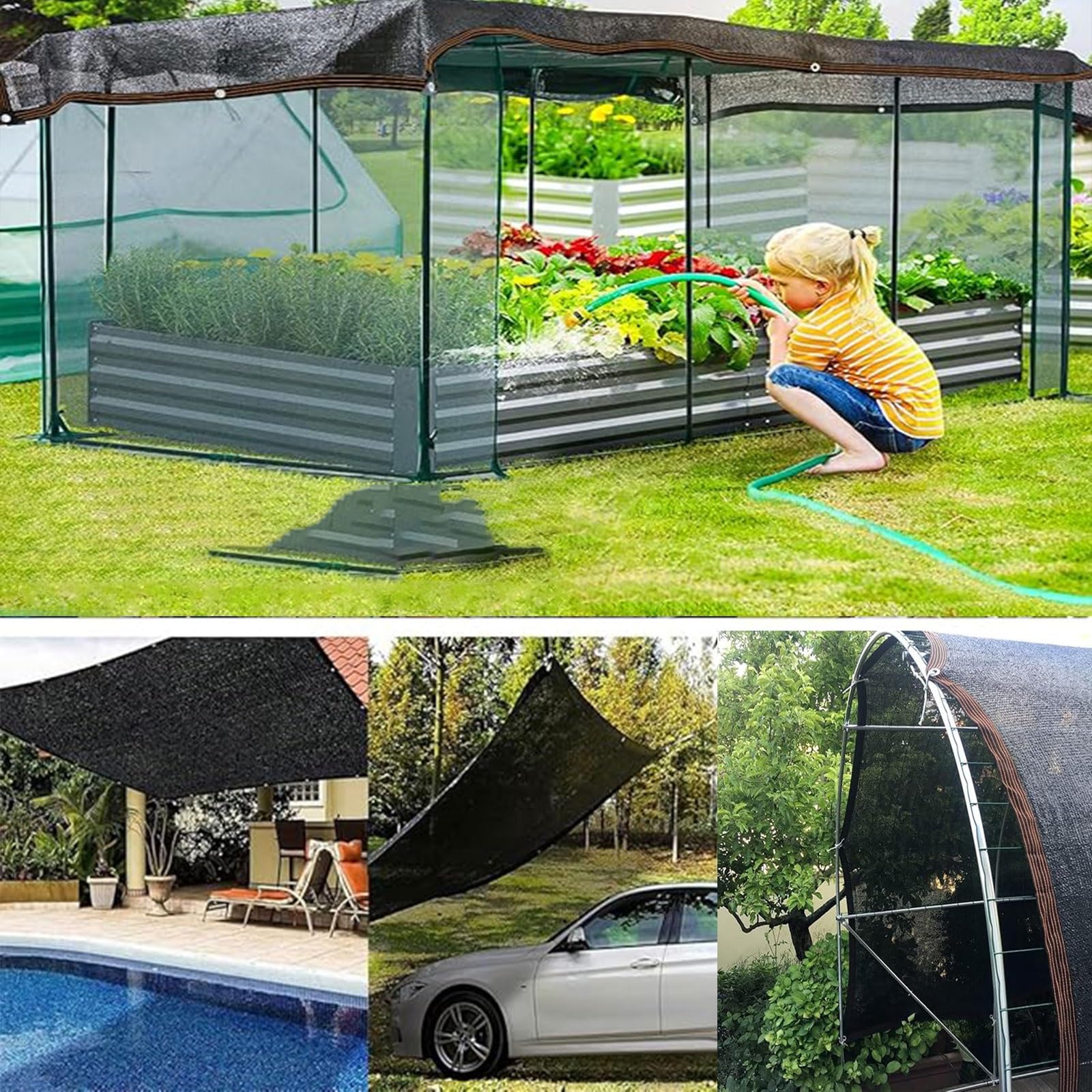 Telo parasole nero con protezione UV al 90%, 3,9 x 3,5 m, resistente, con occhielli per piante, pomodori, fienili, cucce per cani, bovini e pollai