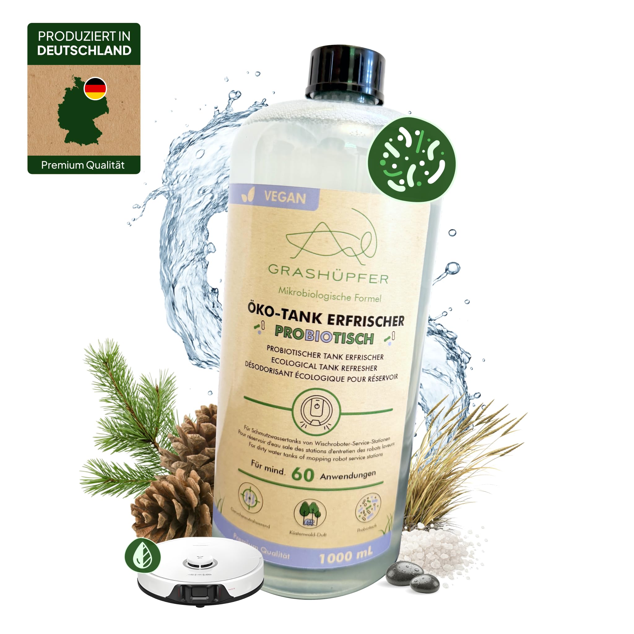 GRASHÜPFER® Deodorante per cisterna ecologica per serbatoi di acqua sporca [PROBIOTICO] – Elimina gli odori di muffa nel serbatoio dell'acqua sporca biologico [Profumo Balesta costiera] – 1000 ml