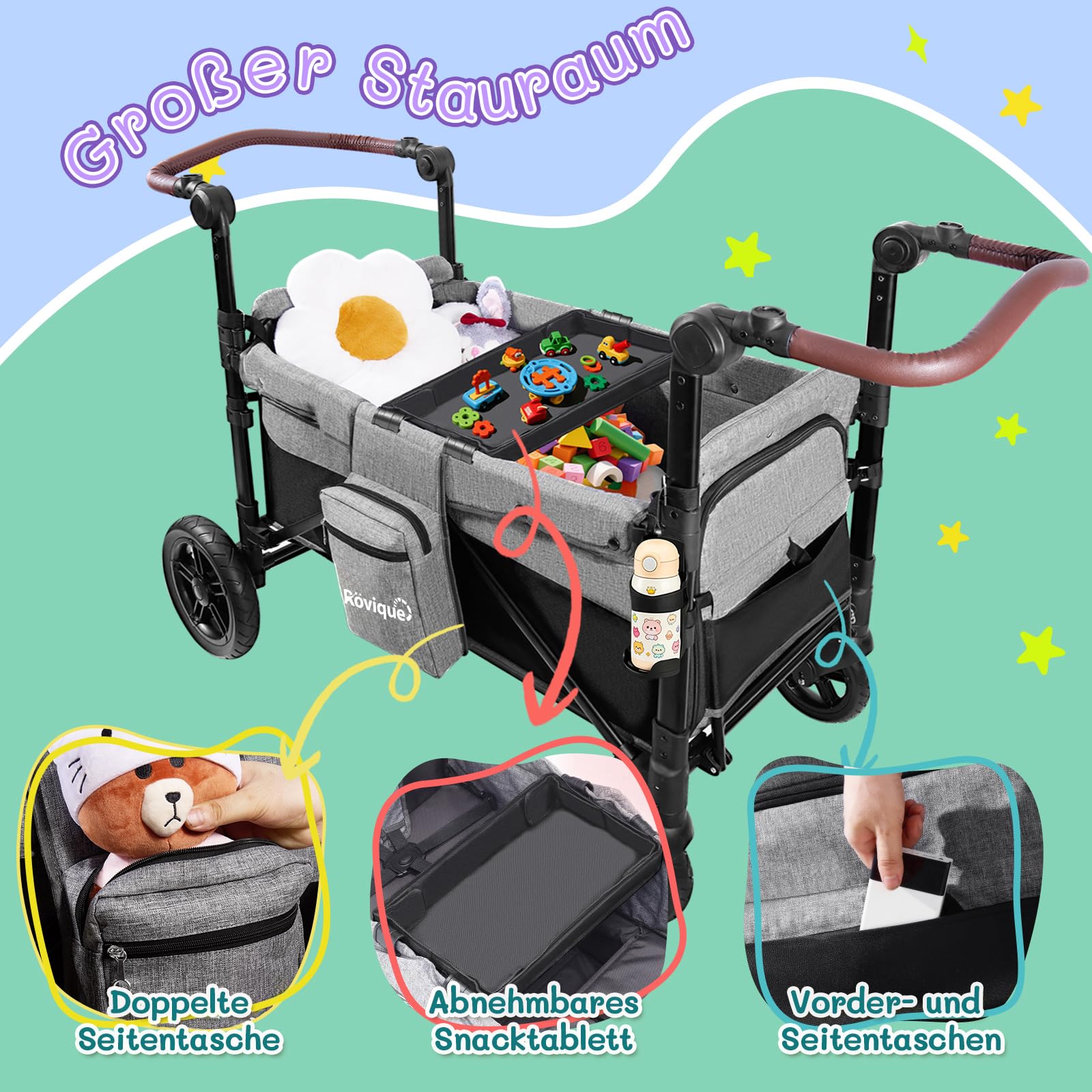 Rovique Bollerwagen faltbar mit 2 Sitze,Premium Bollerwagen für 2 Kinder mit Dach Kinderwagen Handwagen mit 5-Punkt-Gurt,Snack Tablett,Sonnenschutzdach,geländegängigen PU-Rädern,grau